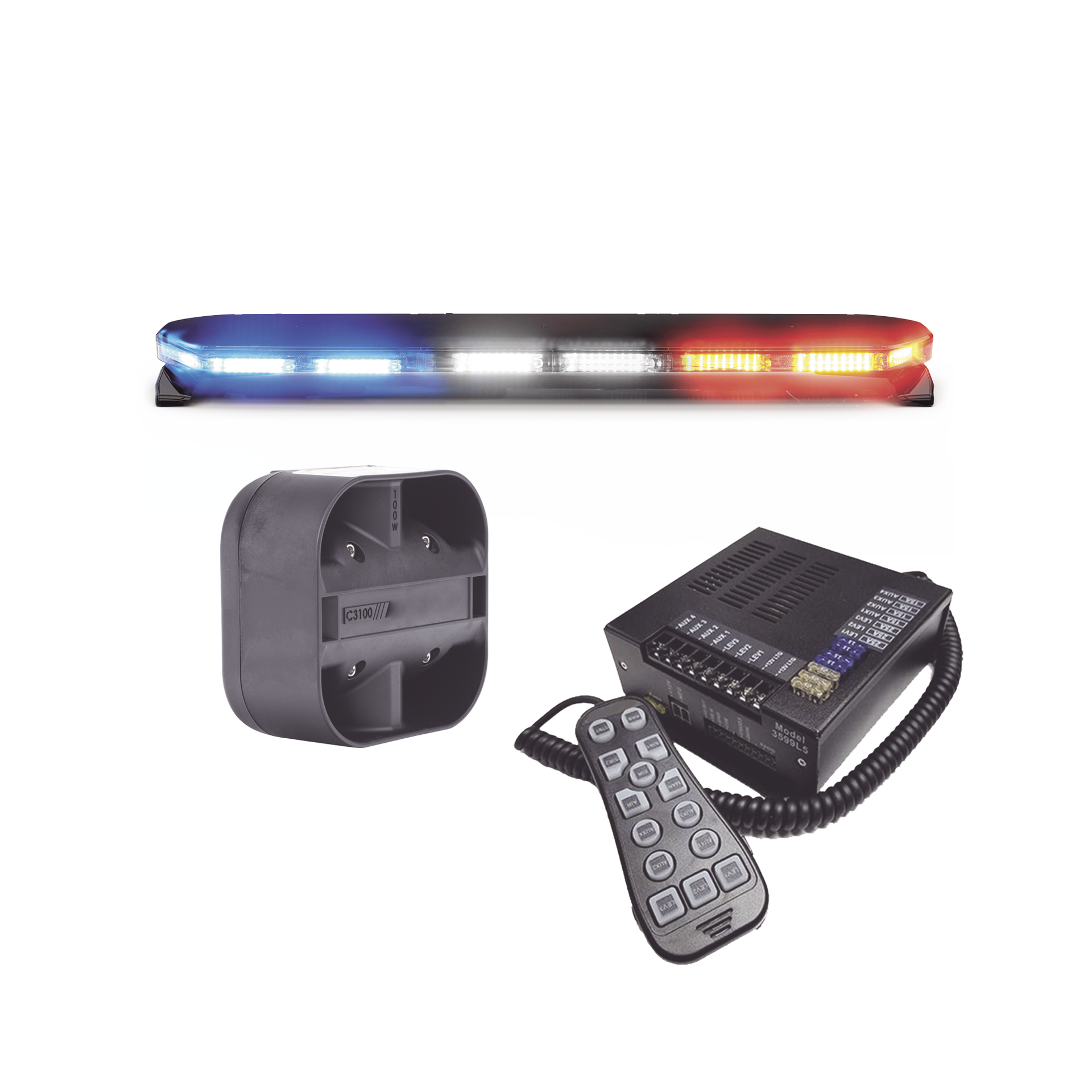 Kit de Sirena, Bocina y Torreta de 47", Serie 16 con 300 LEDs, Dual Color, Frente: Rojo/Blanco, Azul/Blanco, Trasero: Rojo/Ãmbar, Azul/Ãmbar