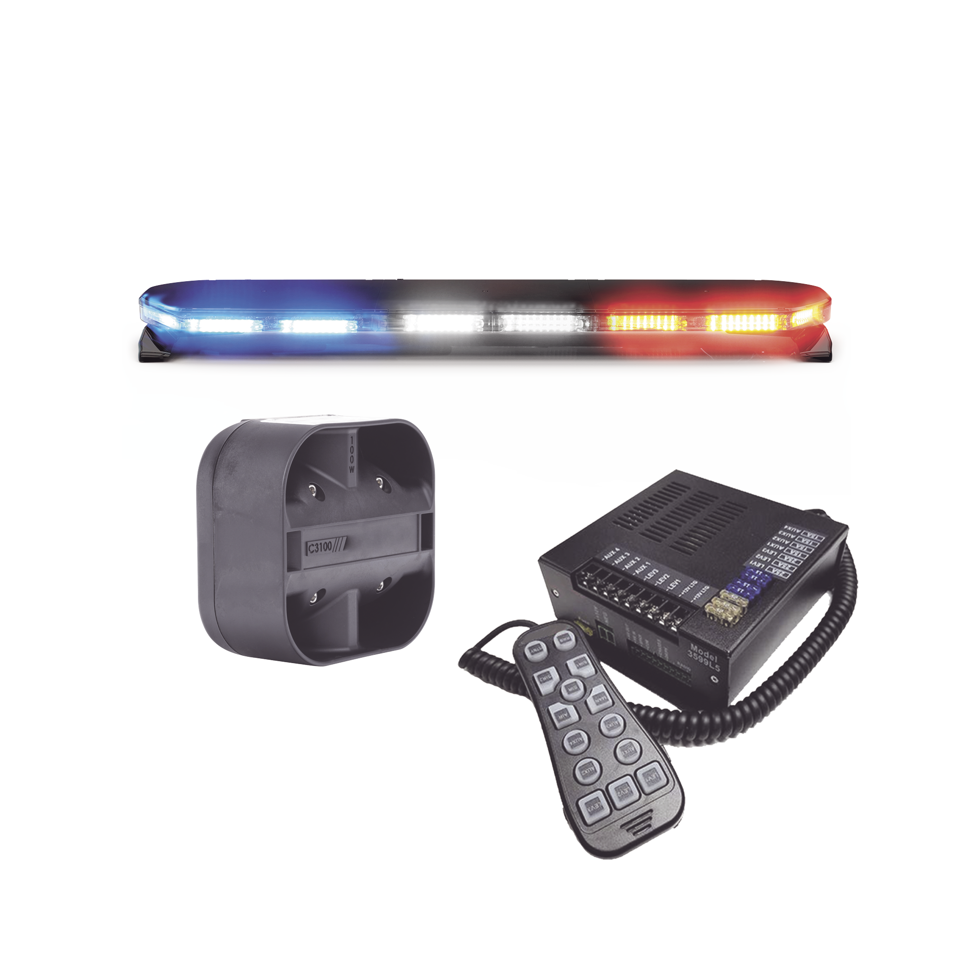 Kit de Sirena, Bocina y Torreta de 47", Serie 16 con 300 LEDs, Dual Color, Frente: Rojo/Blanco, Azul/Blanco, Trasero: Rojo/Ãmbar, Azul/Ãmbar
