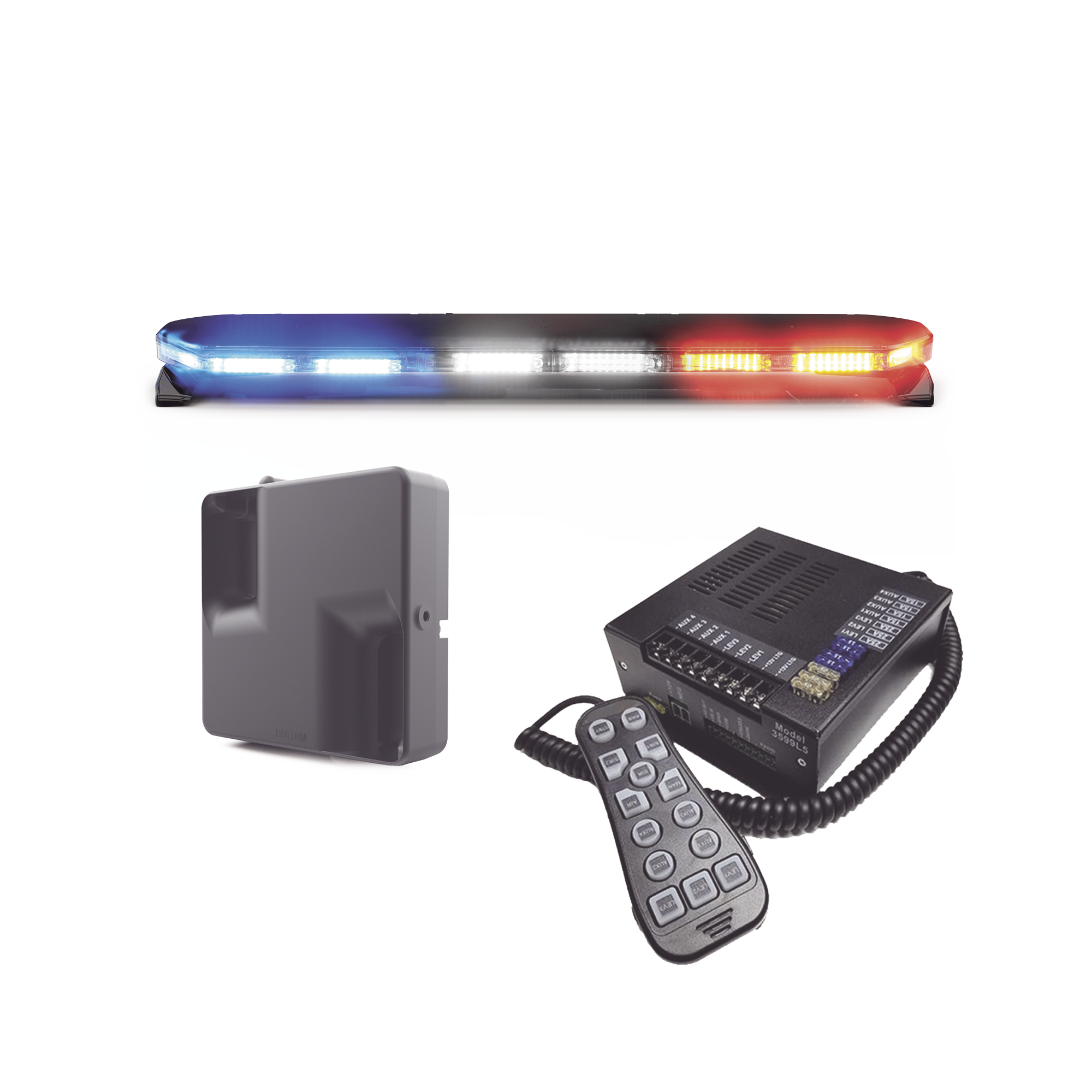 Kit de Sirena, Bocina y Torreta de 47", Serie 16 con 300 LEDs, Dual Color, Frente: Rojo/Blanco, Azul/Blanco, Trasero: Rojo/Ãmbar, Azul/Ãmbar