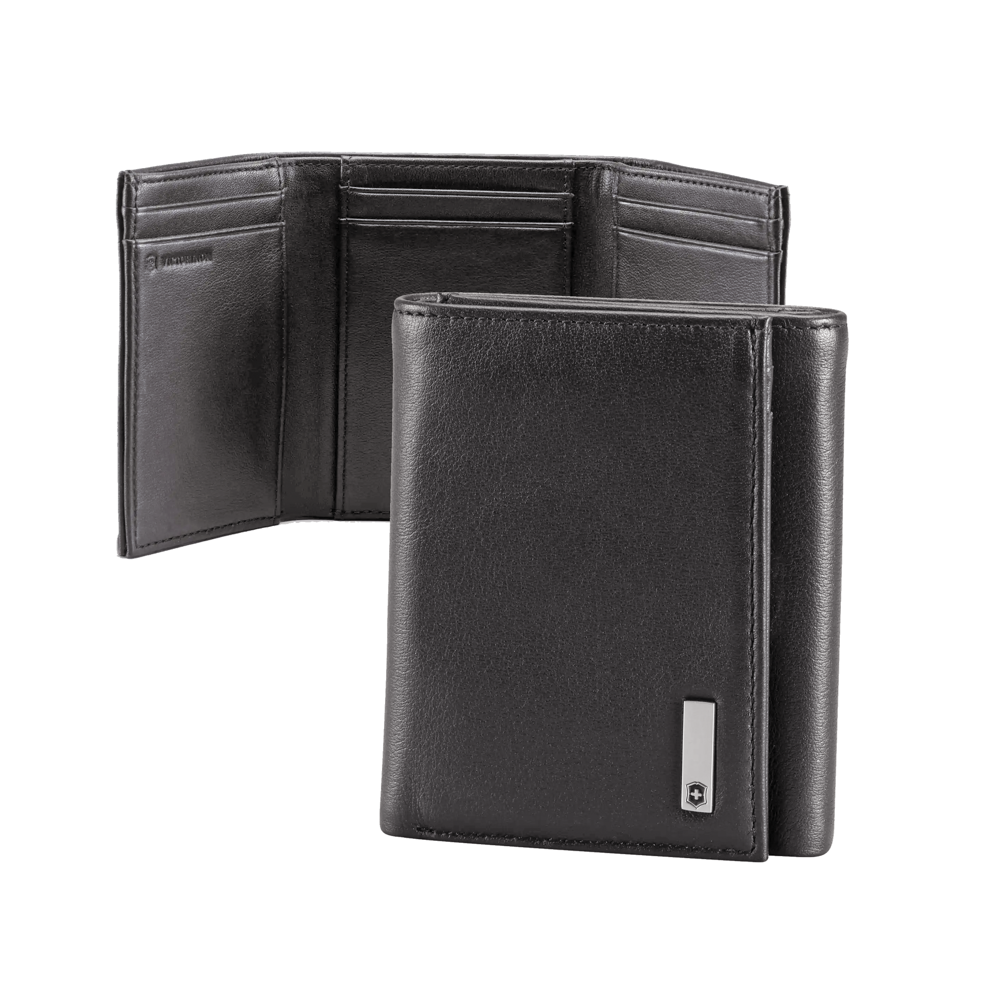 Cartera Athens Negra de Piel con Compartimento de Micromalla para ID. Doblable en 3 Partes con Divisor de Billetes. Pocket Wallet