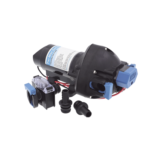 Bomba controlada por presiÃ³n Par Max a 12 Vcd, caudal de 2 GPM, presiÃ³n mÃ¡xima 35 psi, para manguera de entrada con orificio de 38 mm (1Â½â), manguera de descarga con orificio de 25 mm (1â)