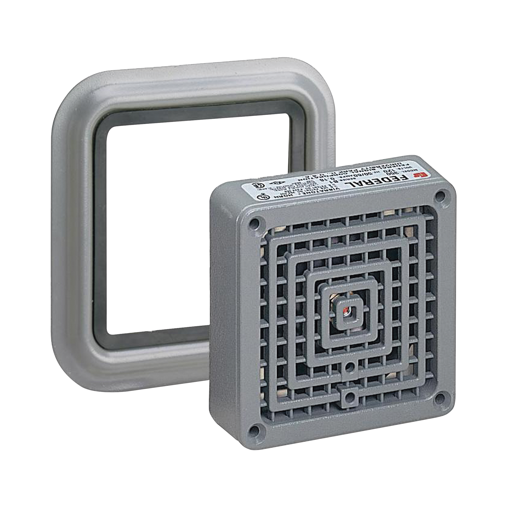 Bocina VibratoneÂ® con placa de ajuste de hasta 110 dB, Listado por UL y cUL, 24 VCA, Color Gris