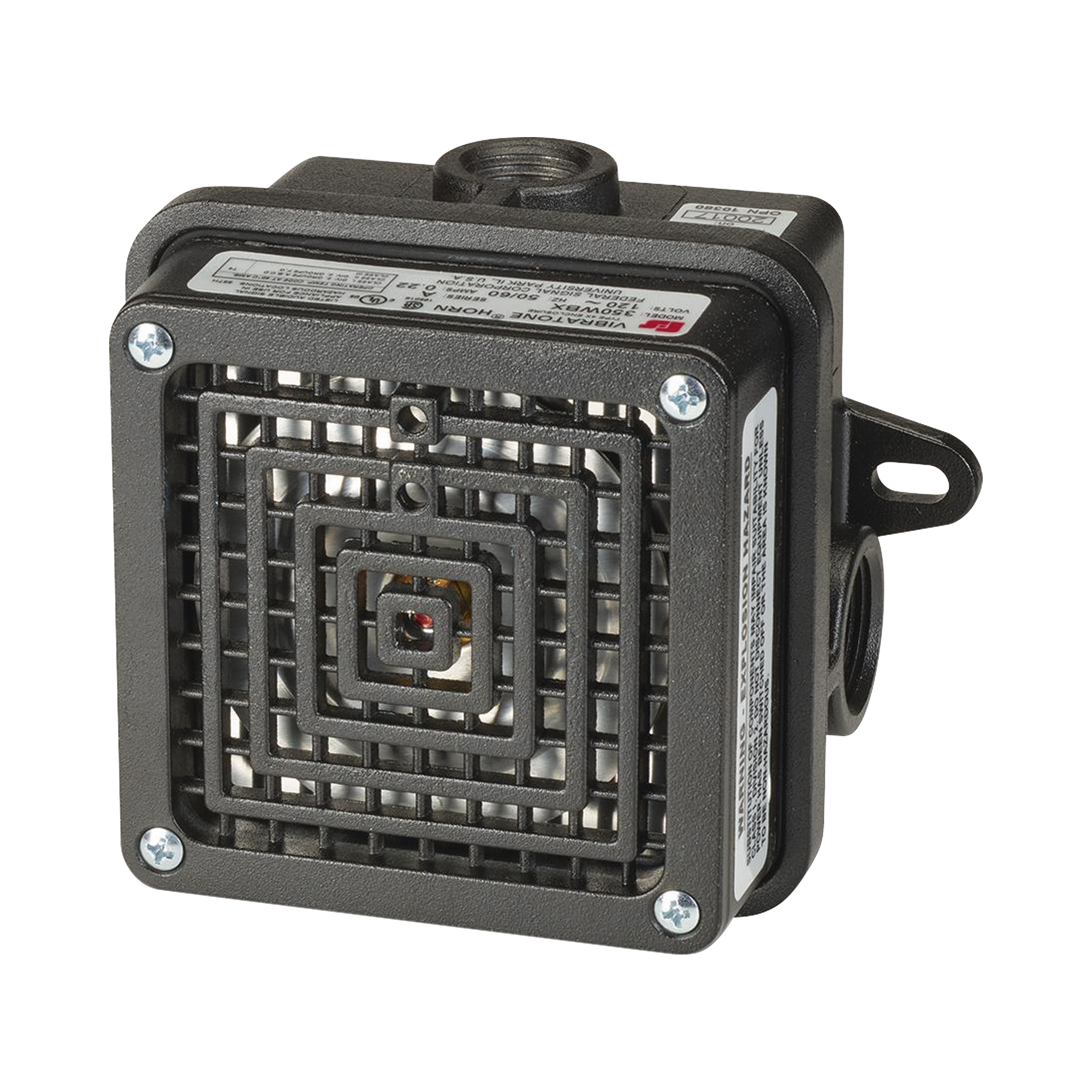 Bocina para lugares peligrosos VibratoneÂ® con carcasa para exteriores Tipo 4X,  Certificado CSA Listado por UL y cUL para Clase I, DivisiÃ³n 2, Grupos A, B, C y D; Clase II, DivisiÃ³n 2, Grupos F y G; Clase III, 120 VCA, Color Negra