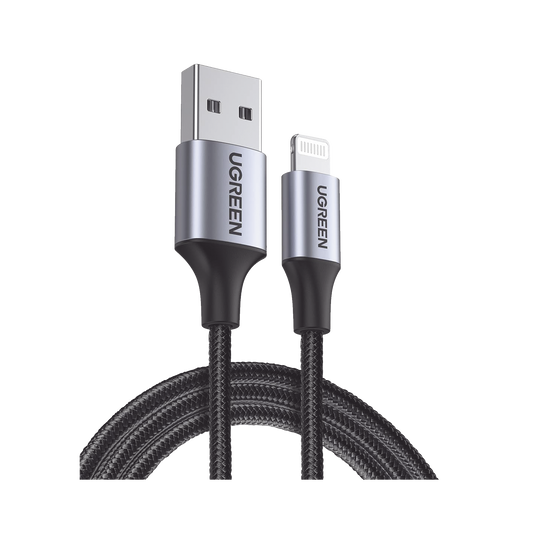Cable USB-A a Lightning | 1 Metro | Certificado MFi | Carga RÃ¡pida 5V/2.4 A | 480 Mbps | Conector C94 | Adecuado para iPhone, iPad y iPod | ProtecciÃ³n Integrada | Caja de Aluminio | Nylon Trenzado | Color Negro.