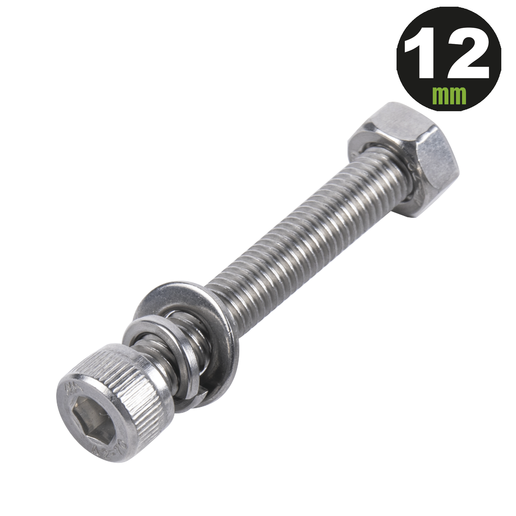 1 Tornillo Allen MilimÃ©trico de Acero Inoxidable  M8-1.25 x 12/ Con 1 Tuerca, 1 Arandela de PresiÃ³n y 1 Plana / Para Montajes de MÃ³dulos Foto Voltaicos .