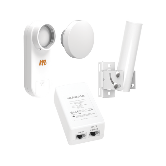 Kit de radio C5X, rango de frecuencia extendida (4.9 a 6.4 GHz),  incluye inyector POE, montaje universal para tubo o poste Y una antena de 12 dBi