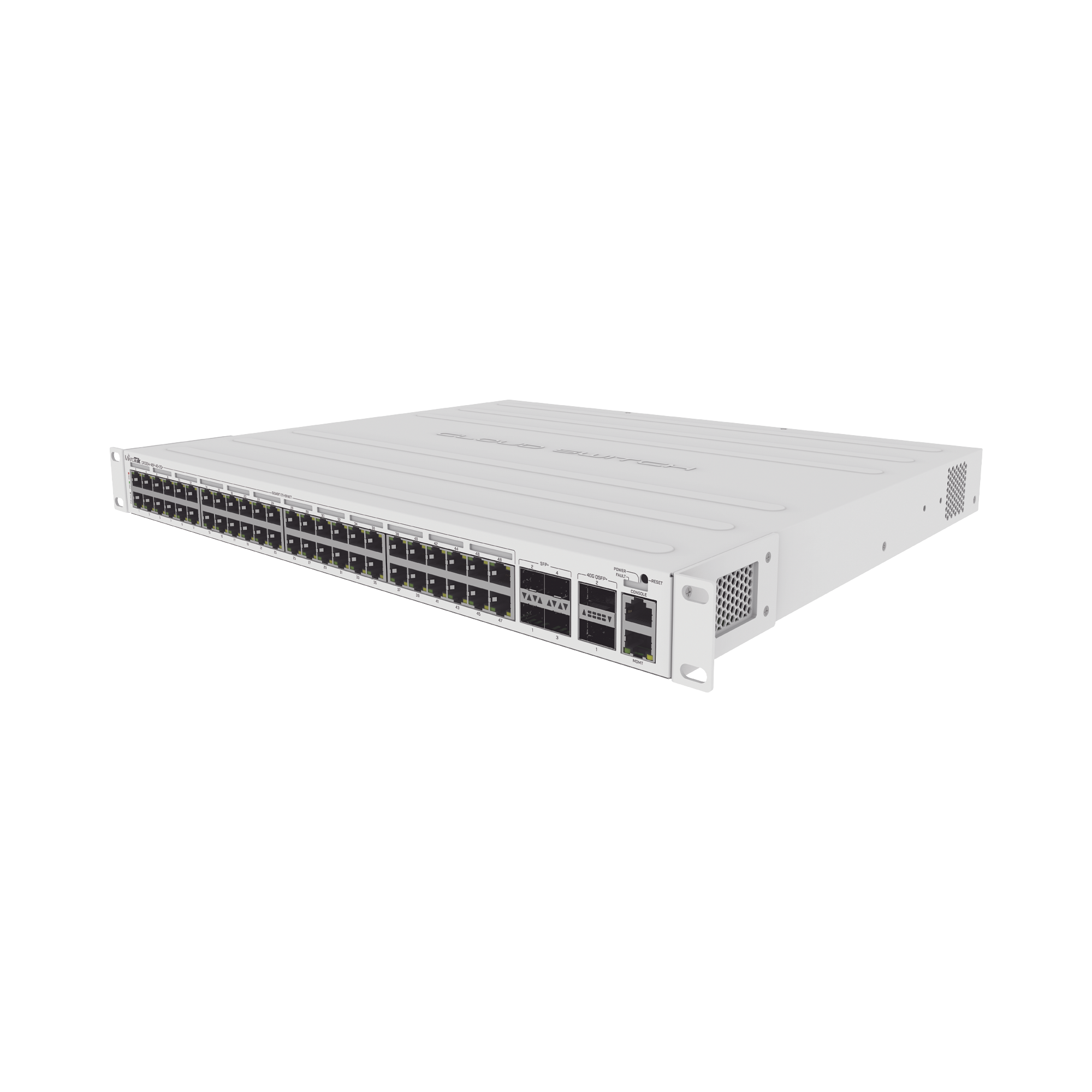 Cloud Router Switch 48 puertos PoE 802.3af/at Gigabit, 4 puertos SFP+ 10G, 2 puertos QSFP+ 40G, Montaje en Rack
