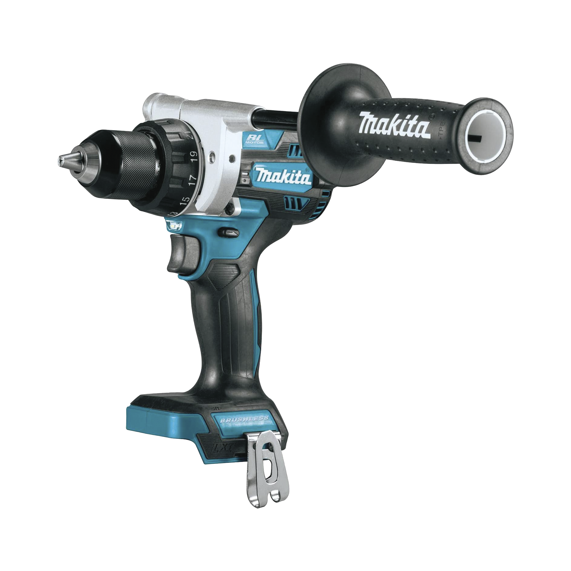 Taladro Atornillador BL 18 V 5 Ah LXT 130 Nm 2 Velocidades (0-550 0-2100 rpm). Incluye 2 puntas dobles empuÃ±adura auxiliar y gancho. Sin baterÃ­as, sin cargador y sin maletÃ­n.