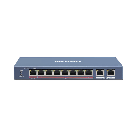 Switch PoE+ / No Administrable / 7 Puertos 10/100 Mbps 802.3 af/at (30 W) / 1 Puerto 10/100 Mbps Hi-PoE (90 W)  / 2 Puertos 1000 Mbps Uplink / Modo Extendido hasta 300 Metros / 110 Watts