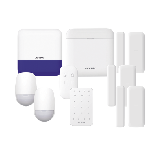 (AX PRO) KIT de Alarma AX PRO / Incluye: 1 Hub con baterÃ­a de respaldo/ 2 Sensores PIR / 3 Contactos MagnÃ©ticos mini / 1 Control Remoto / 1 Sirena Inalambrica Exterior /1 Teclado InalÃ¡mbrico / WiFi / Compatible con Hik-Connect P2P