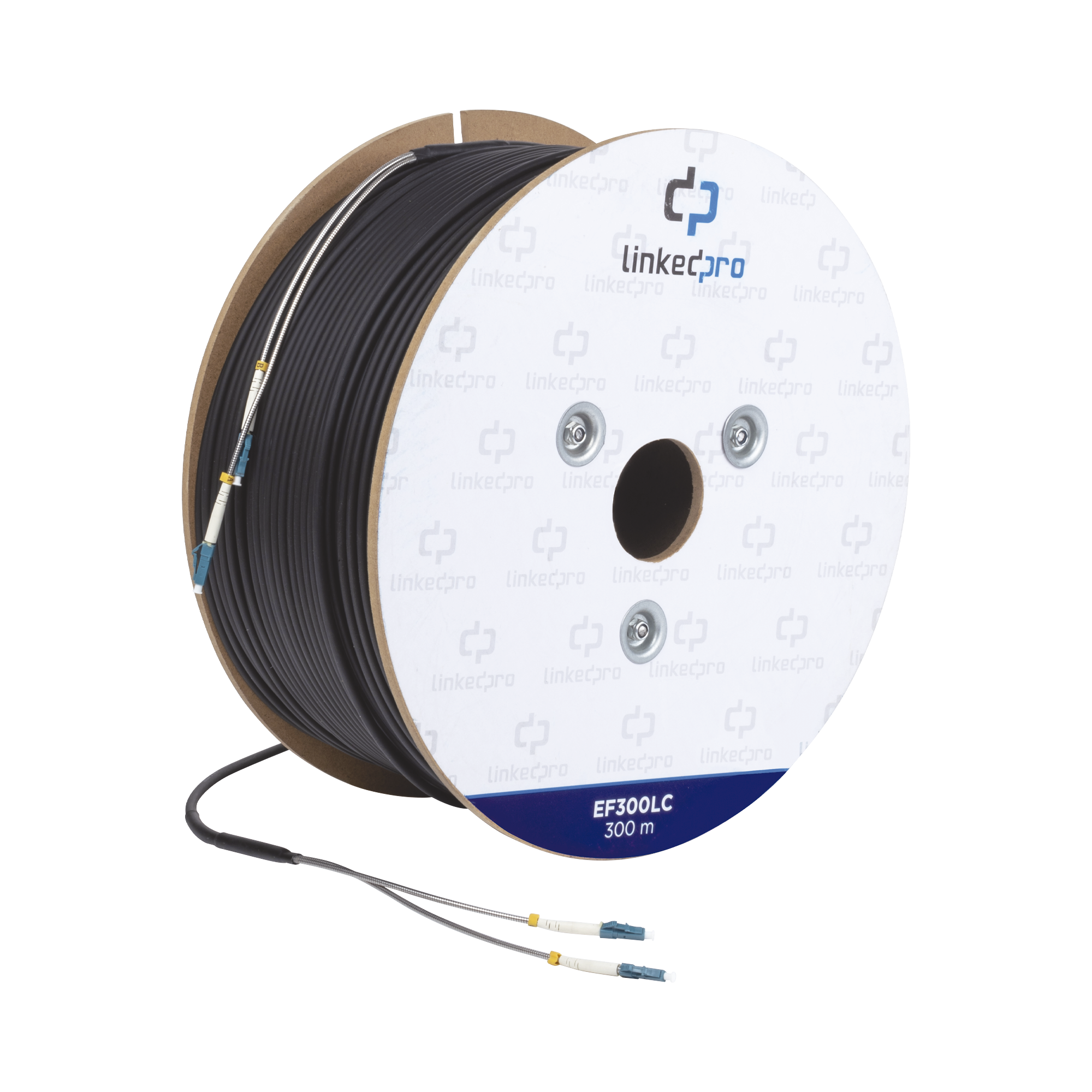 Carrete de Fibra Ãptica Monomodo con conectores LC-LC Duplex, Reforzada con Kevlar, de 300 metros, Para instalaciones subterrÃ¡neas por tuberÃ­a