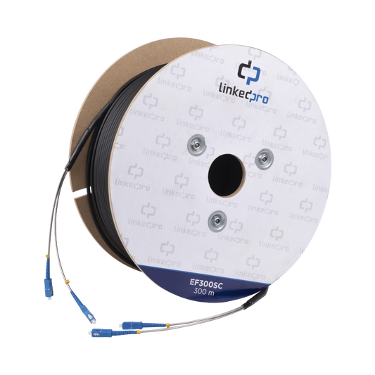 Carrete de Fibra Ãptica Monomodo con Conectores SC-SC Duplex, Reforzada con Kevlar, de 300 metros, Para instalaciones subterrÃ¡neas por tuberÃ­a