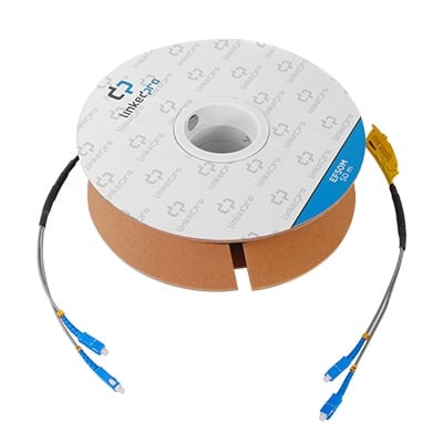 Carrete de Fibra Ãptica Monomodo con Conectores SC-SC Duplex, Reforzada con Kevlar, de 50 metros, Para instalaciones subterrÃ¡neas por tuberÃ­a