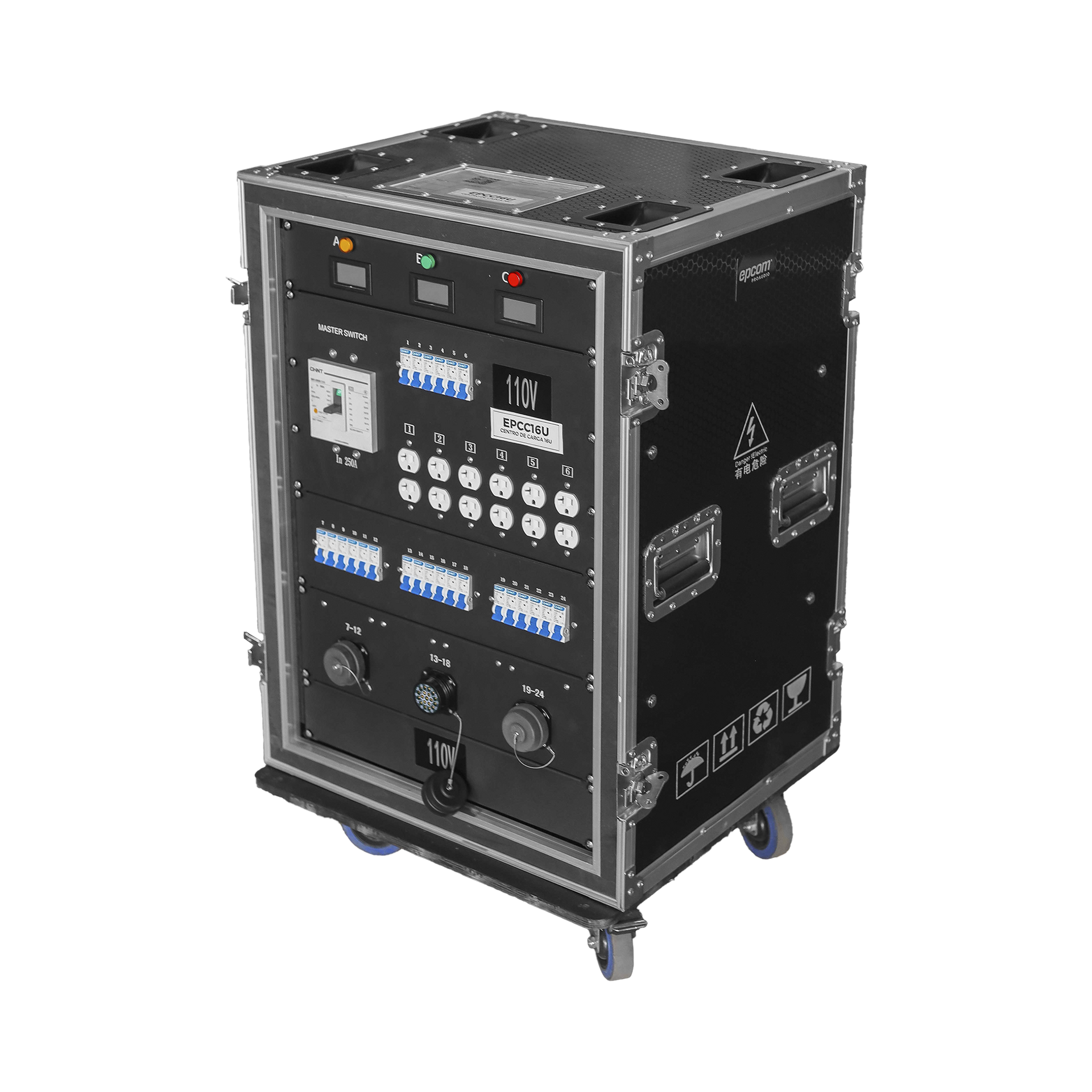 Centro de carga movil para instalaciones temporales con conexión TIPO socapex a 110v Y 220V | RACK 16U