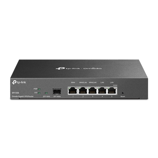 Router Omada VPN / SDN Multi-WAN Gigabit / 1 Puerto WAN SFP Gigabit / 1 Puerto WAN RJ45 Gigabit / 2 Puertos LAN RJ45 Gigabit / 2 Puertos Configurables LAN/WAN / 150,000 Sesiones Concurrentes / AdministraciÃ³n Centralizada Omada o Stand-Alone