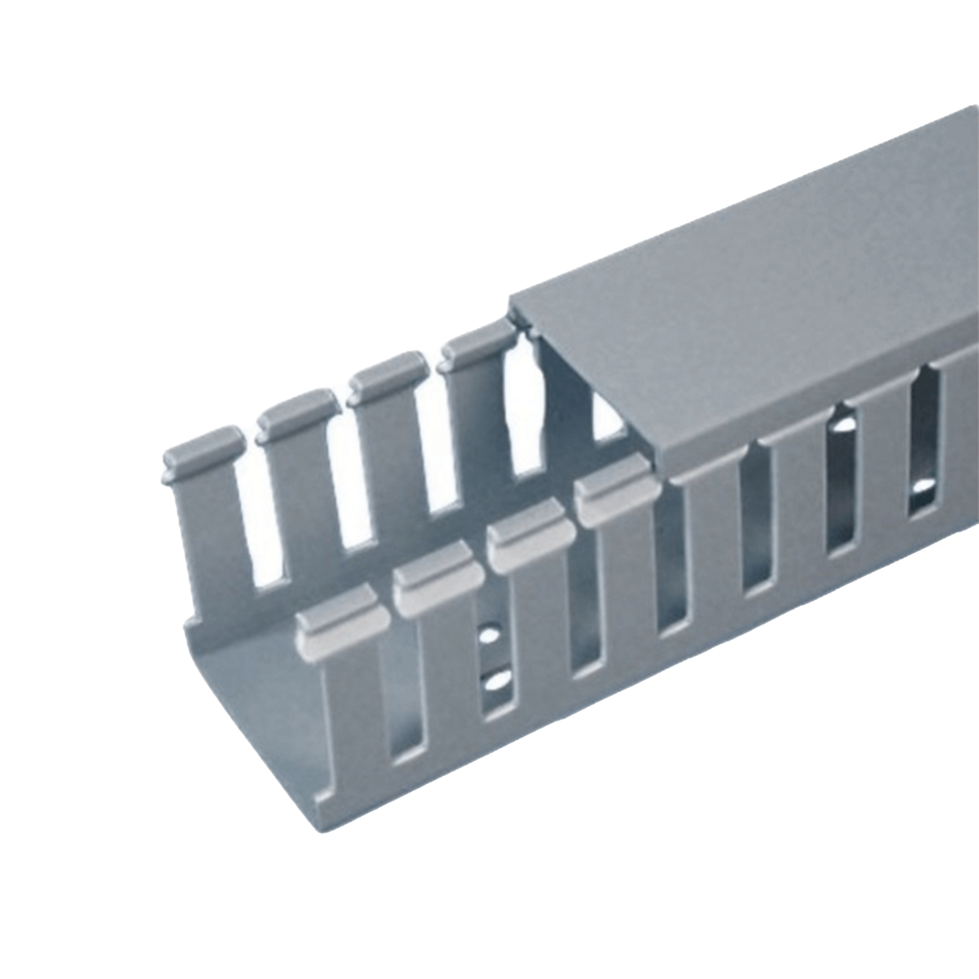 Canaleta Ranurada de PVC con Tapa, Tipo F, 57.2 mm de Ancho, 104.1 mm de Alto y 2 m de Largo, Color Gris