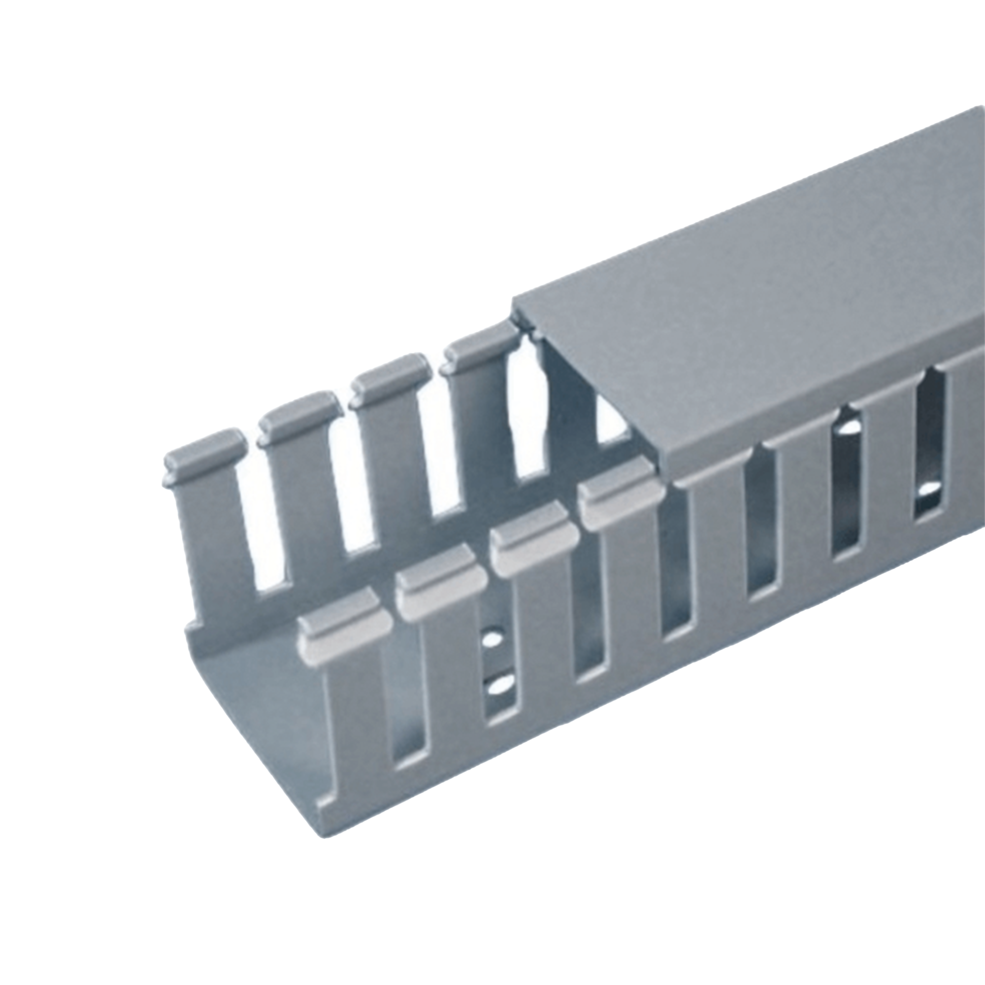 Canaleta Ranurada de PVC con Tapa, Tipo F, 57.2 mm de Ancho, 104.1 mm de Alto y 2 m de Largo, Color Gris