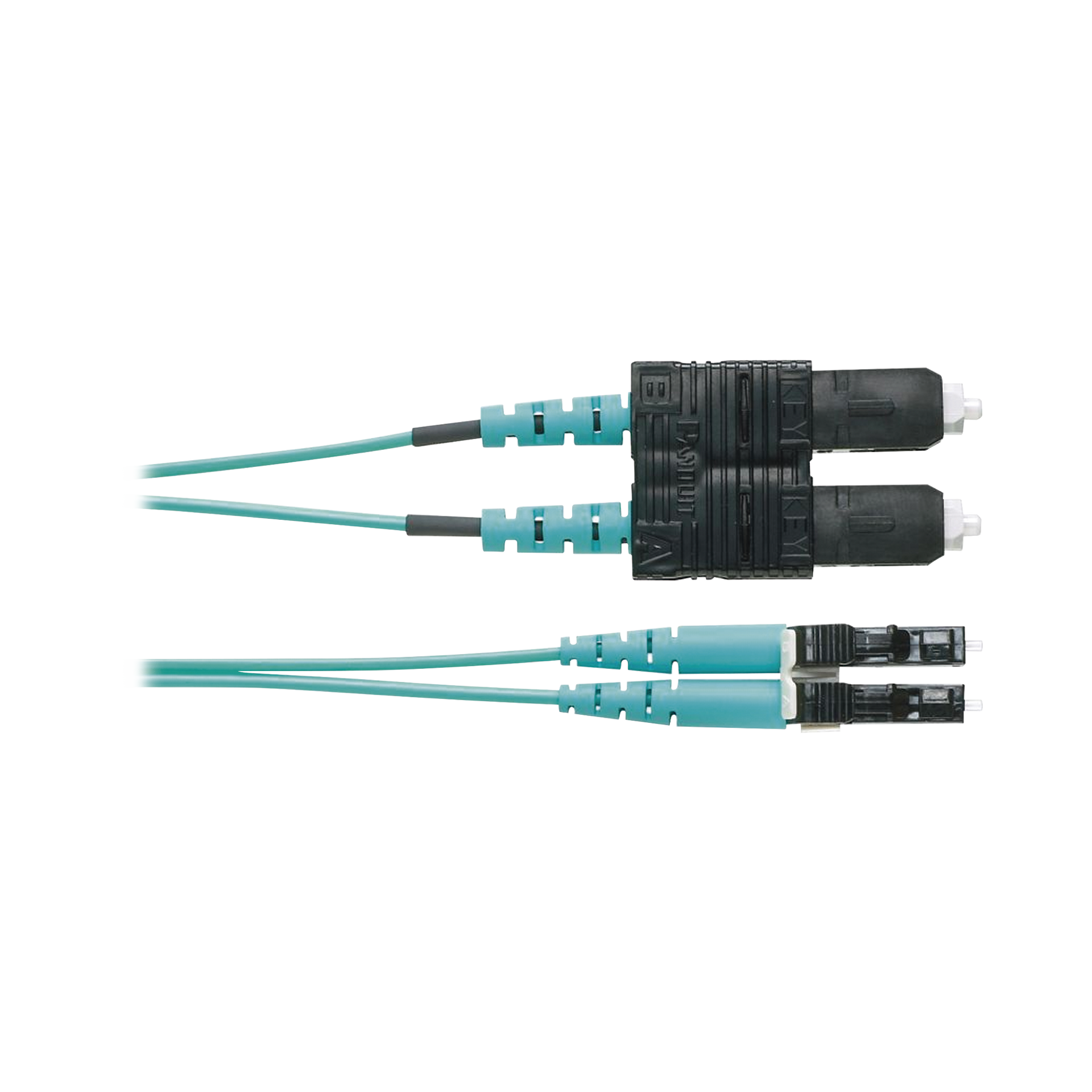 Jumper de Fibra Optica Multimodo 50/125 OM3, LC-SC Duplex, OFNR (Riser), Color Aqua, 1 Metro