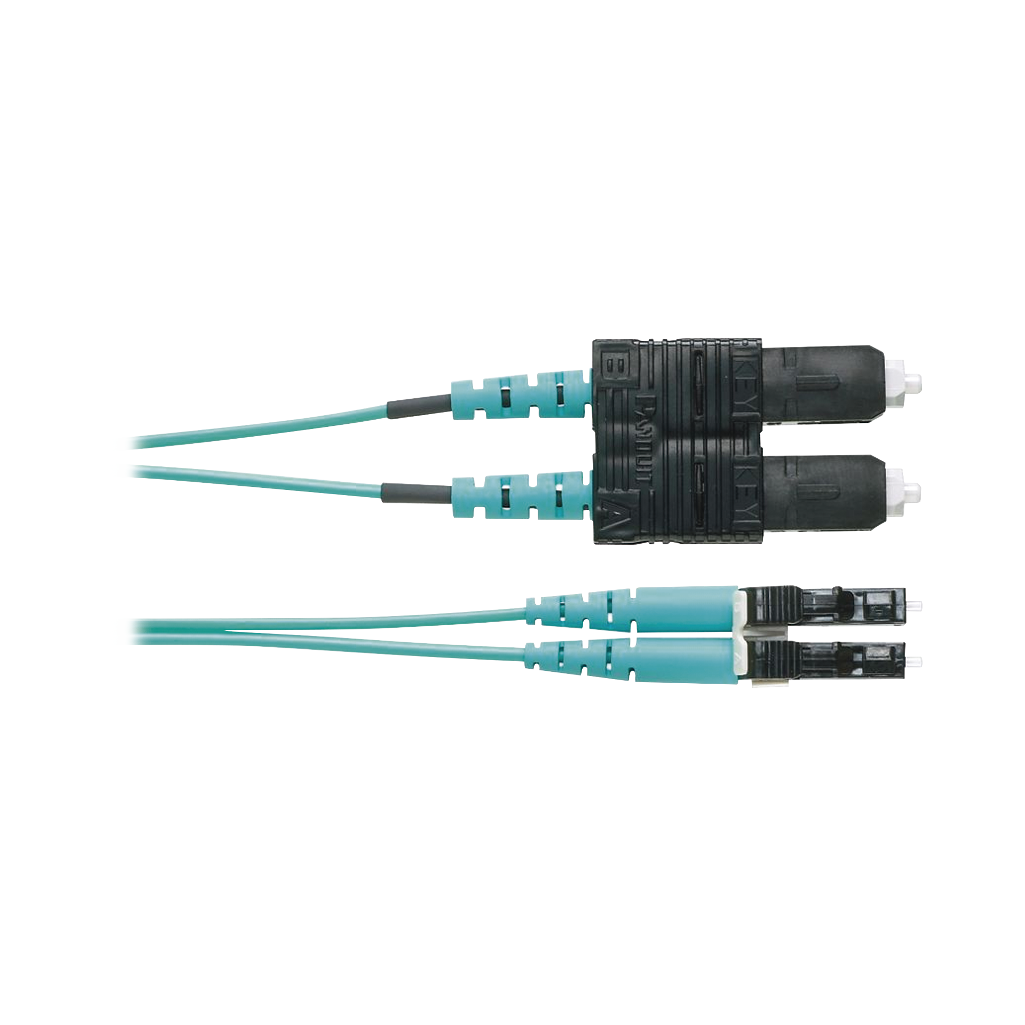 Jumper de Fibra Optica Multimodo 50/125 OM3, LC-SC Duplex, OFNR (Riser), Color Aqua, 1 Metro