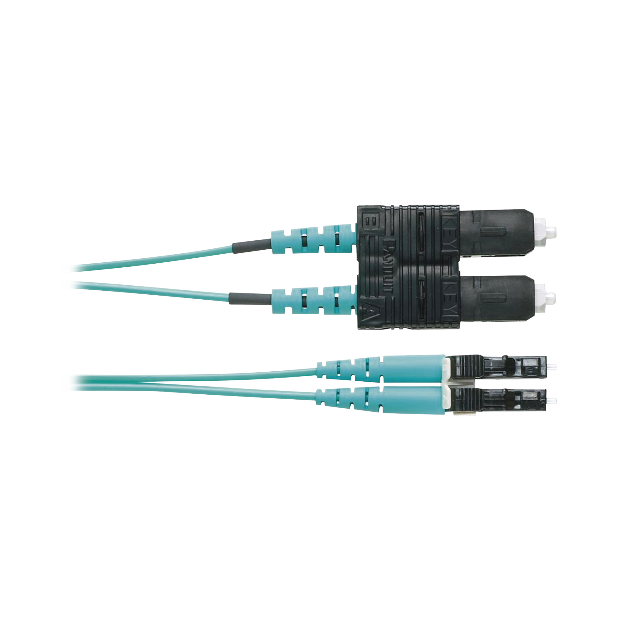 Jumper de Fibra Optica Multimodo 50/125 OM4, LC-SC Duplex, OFNR (Riser), Color Aqua, 2 Metros