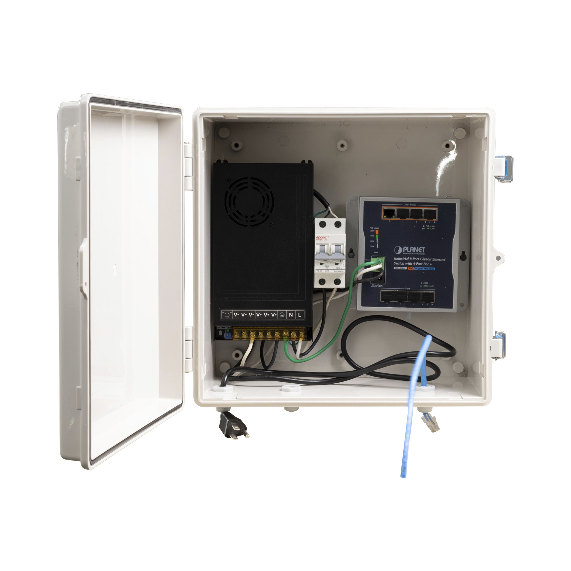 Switch para exterior / 8 puertos Gigabit con 4 puertos PoE 802.3at / ProtecciÃ³n tÃ©rmica 2P, 16A, Corriente Alterna 400 Vca