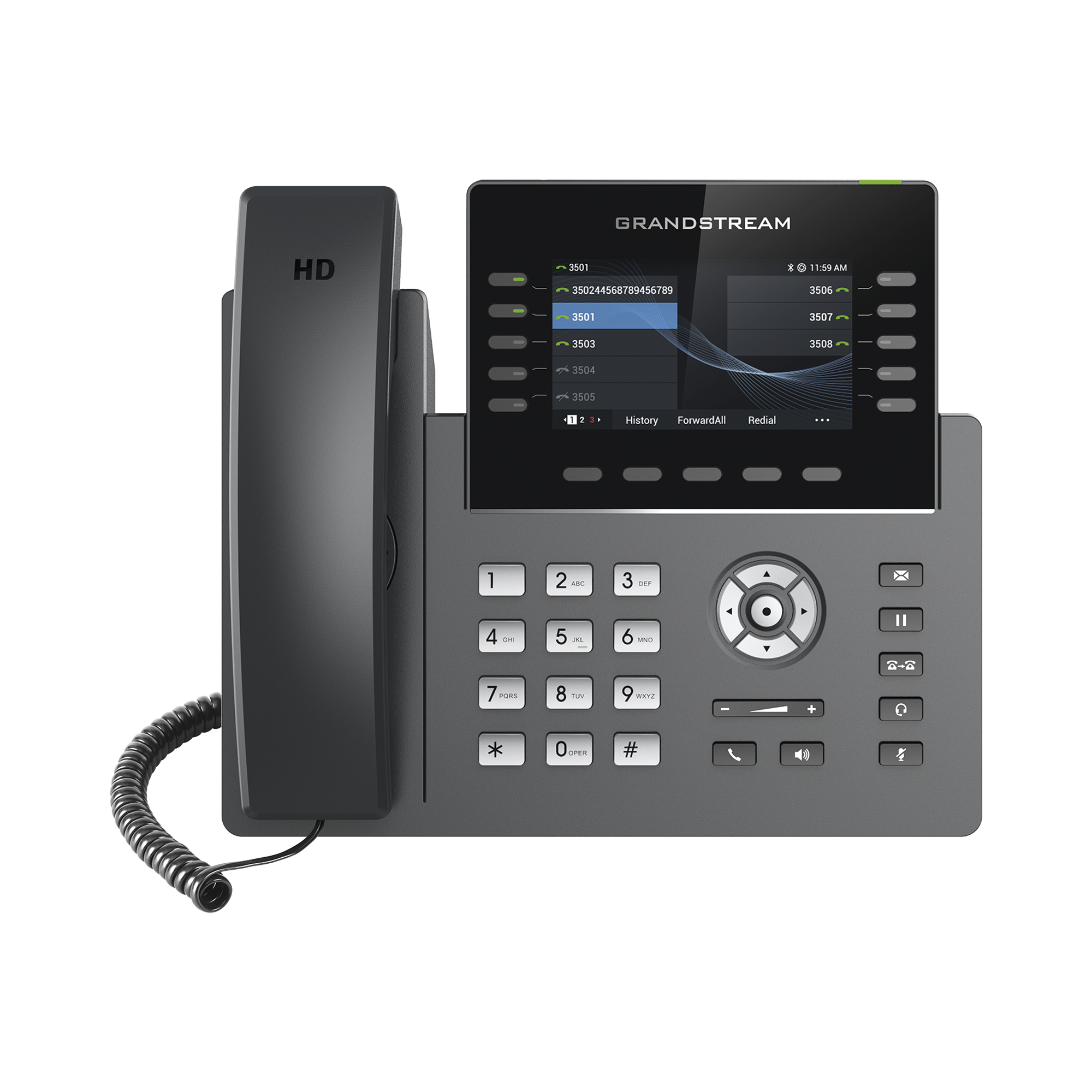 TelÃ©fono IP Wi-Fi, Grado Operador, 10 lÃ­neas SIP con 5 cuentas, pantalla a color 4.3", puertos Gigabit, Bluetooth, PoE, codec Opus, IPV4/IPV6 con gestiÃ³n en la nube GDMS