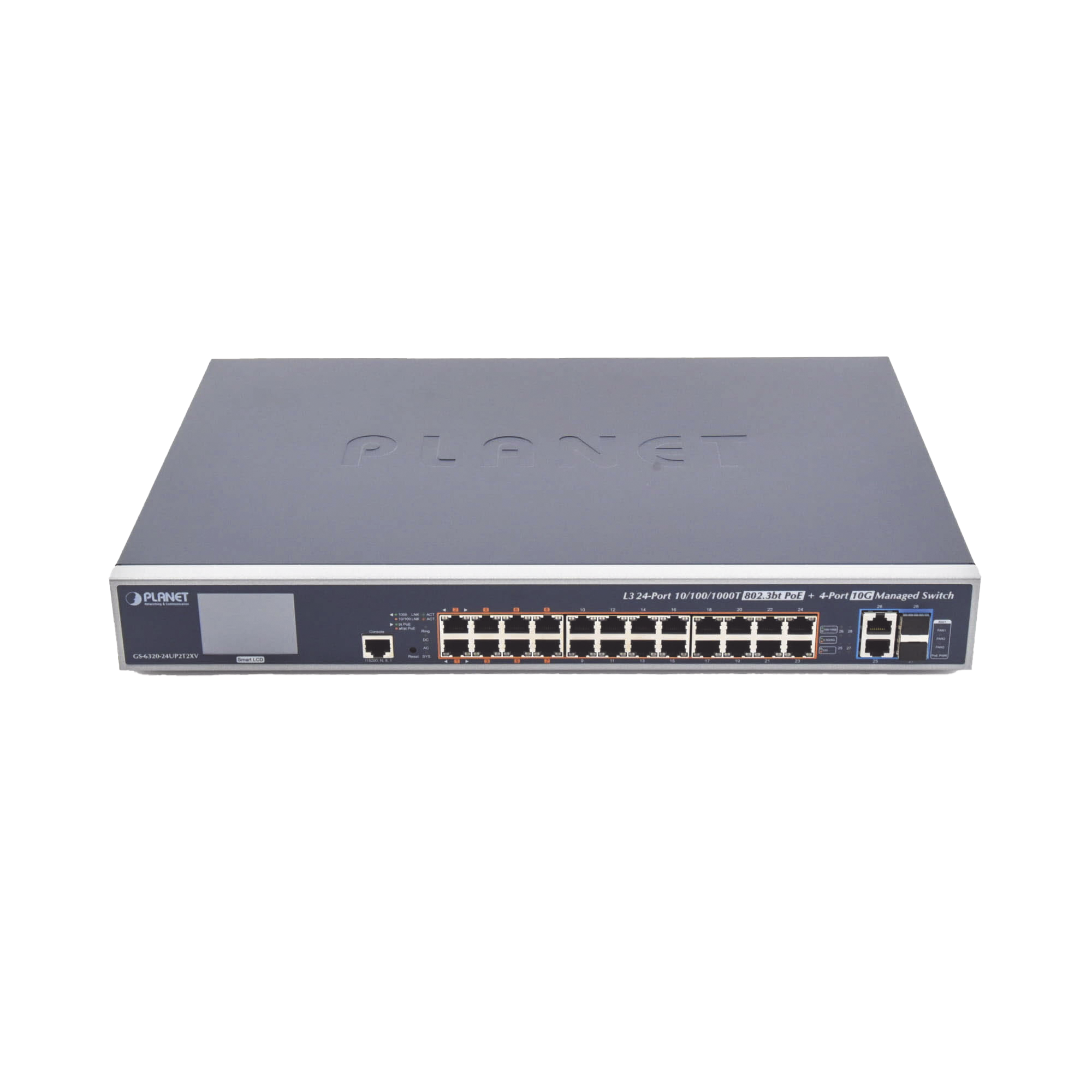 Switch Administrable L3, 24 puertos Gigabit PoE 802.3bt, 2 puertos 10G SFP+, Pantalla Tactil, Fuente Redundante, (600W)