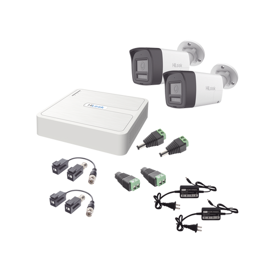 Kit HiLook Audio Bidireccional TurboHD 1080p / DVR 4 Canales / 2 CÃ¡maras Bala (Exterior) con Bocina y MicrofÃ³no Integrado / 2 Fuentes de Poder / Accesorios