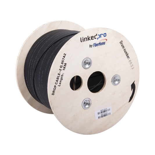 Carrete de 1 km de Fibra Ãptica Drop, Interior/Exterior G.657A2 Monomodo de 2 hilos (bifibra), DiseÃ±ada para Fusionarse, DielÃ©ctrica, Forro Negro , (No Soporta Conectores MecÃ¡nicos)