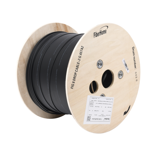 Carrete de 1 km de Fibra Ãptica AÃ©rea Mini Figura 8 G.657A2 tipo Drop, Monomodo de 2 Hilos (bifibra), DiseÃ±ada para Fusionarse, Color Negro, Span 80, (No Soporta Conectores MecÃ¡nicos)