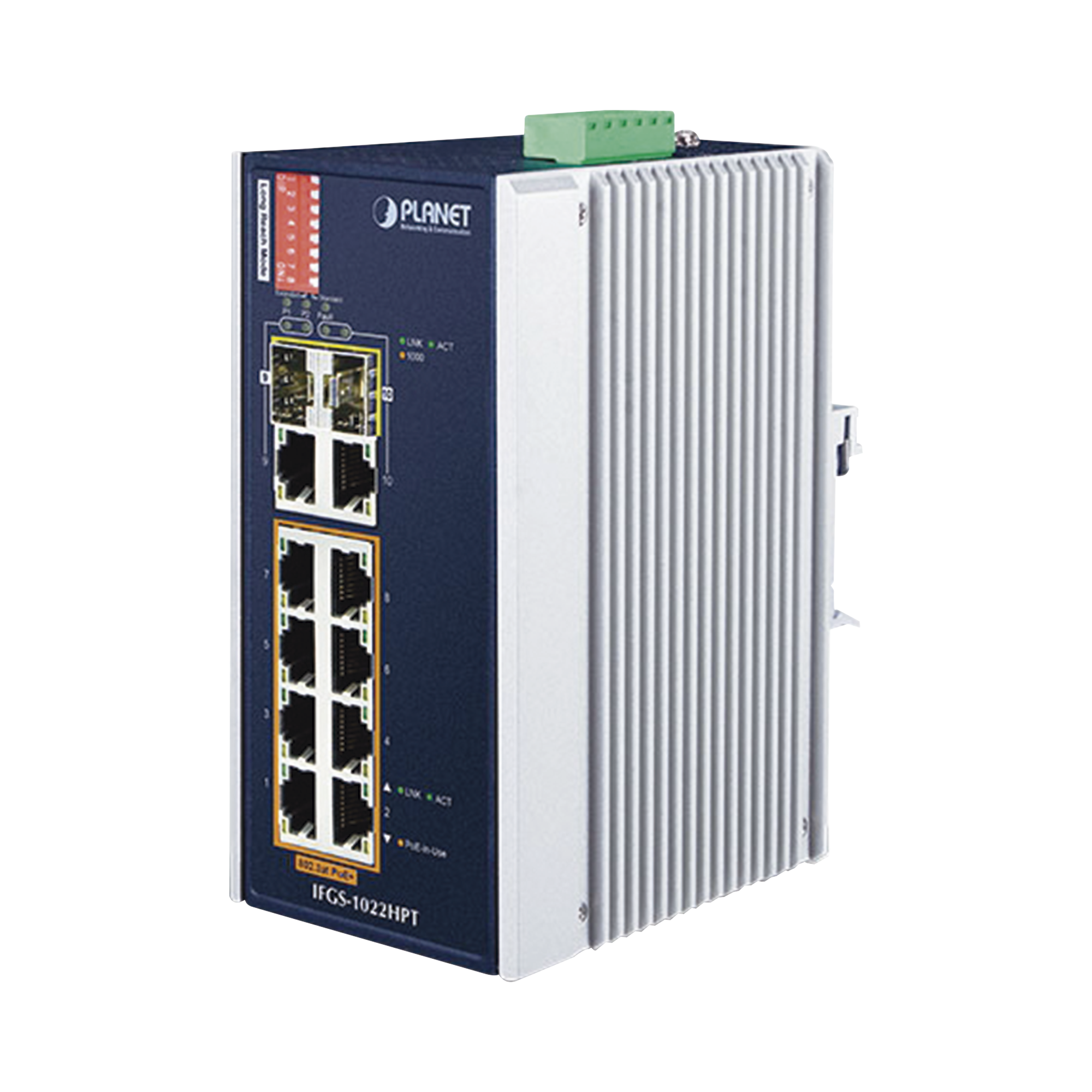 Switch Industrial PoE no administrable de 8 Puertos 10/100TX 802.3at,  Hasta 240 W, Combo TP / SFP Gigabit TP / SFP  (-40 ~ 75 grados C)