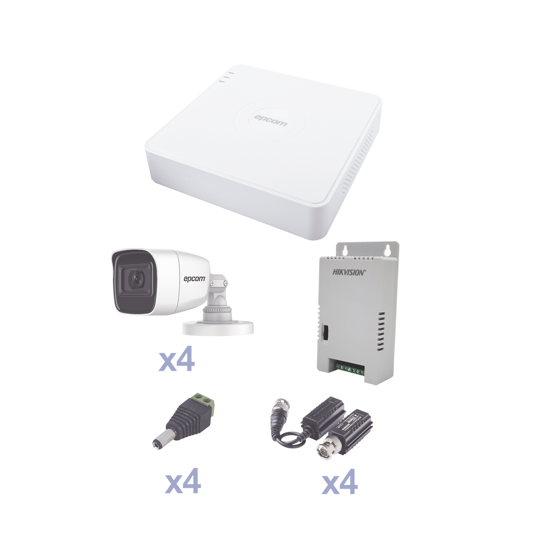 KIT TurboHD con Audio 1080p / DVR 4 Canales / 4 CÃ¡maras Bala (exterior 2.8 mm) / Transceptores / Conectores / Fuente de Poder / AUDIO POR COAXITRON