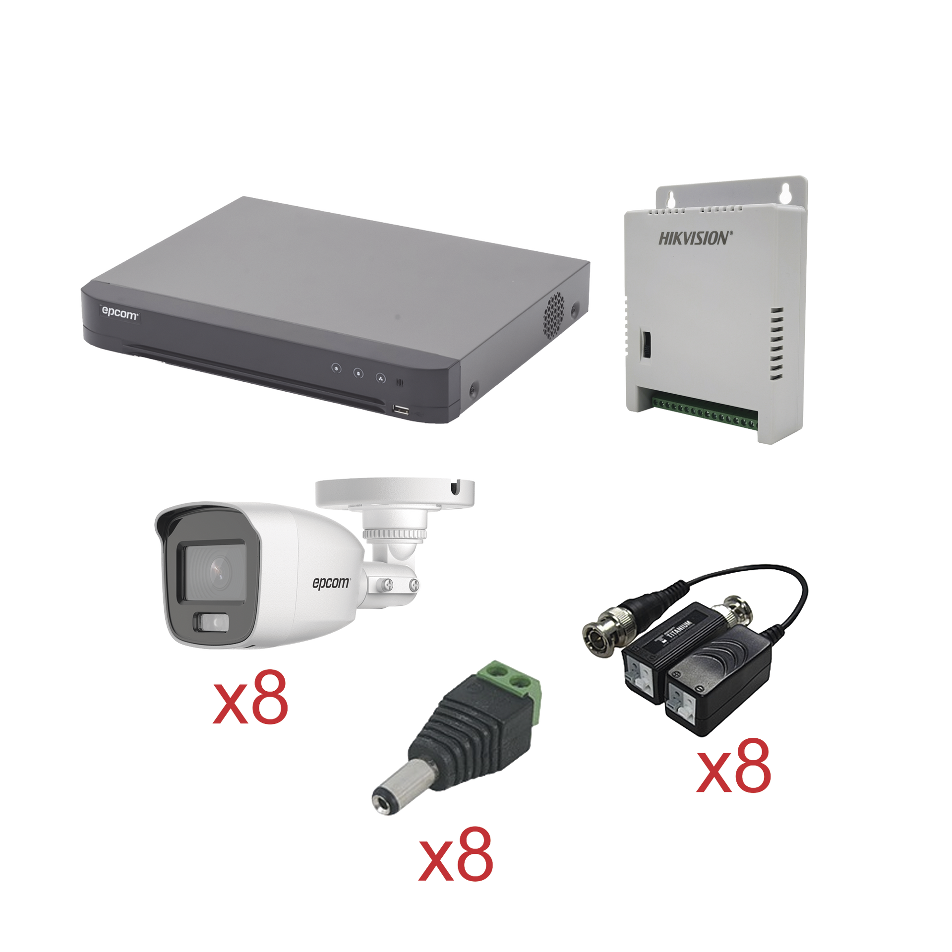KIT TurboHD con Audio 1080p / DVR 8 Canales / 8 CÃ¡maras Bala (exterior 2.8 mm) / Transceptores / Conectores / Fuente de Poder / AUDIO POR COAXITRON