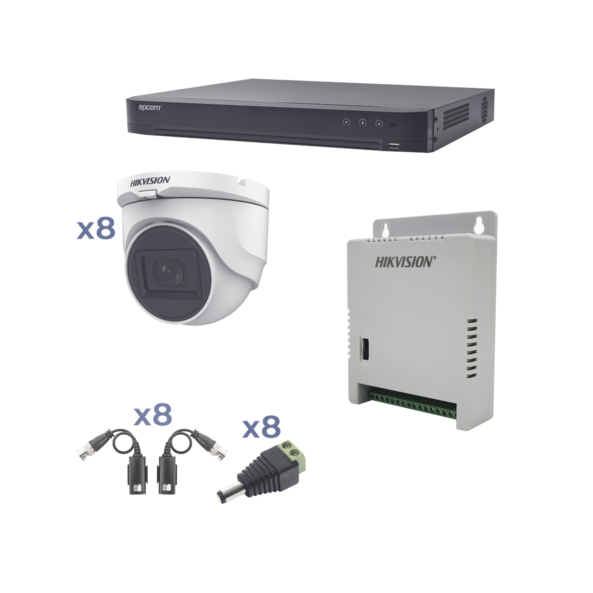 Kit TURBOHD 1080p / DVR 8 Canales / 8 CÃ¡maras Turret (exterior 2.8 mm) / Conectores / Transceptores / Fuente de Poder Profesional hasta 15 Vcc para Larga Distancia
