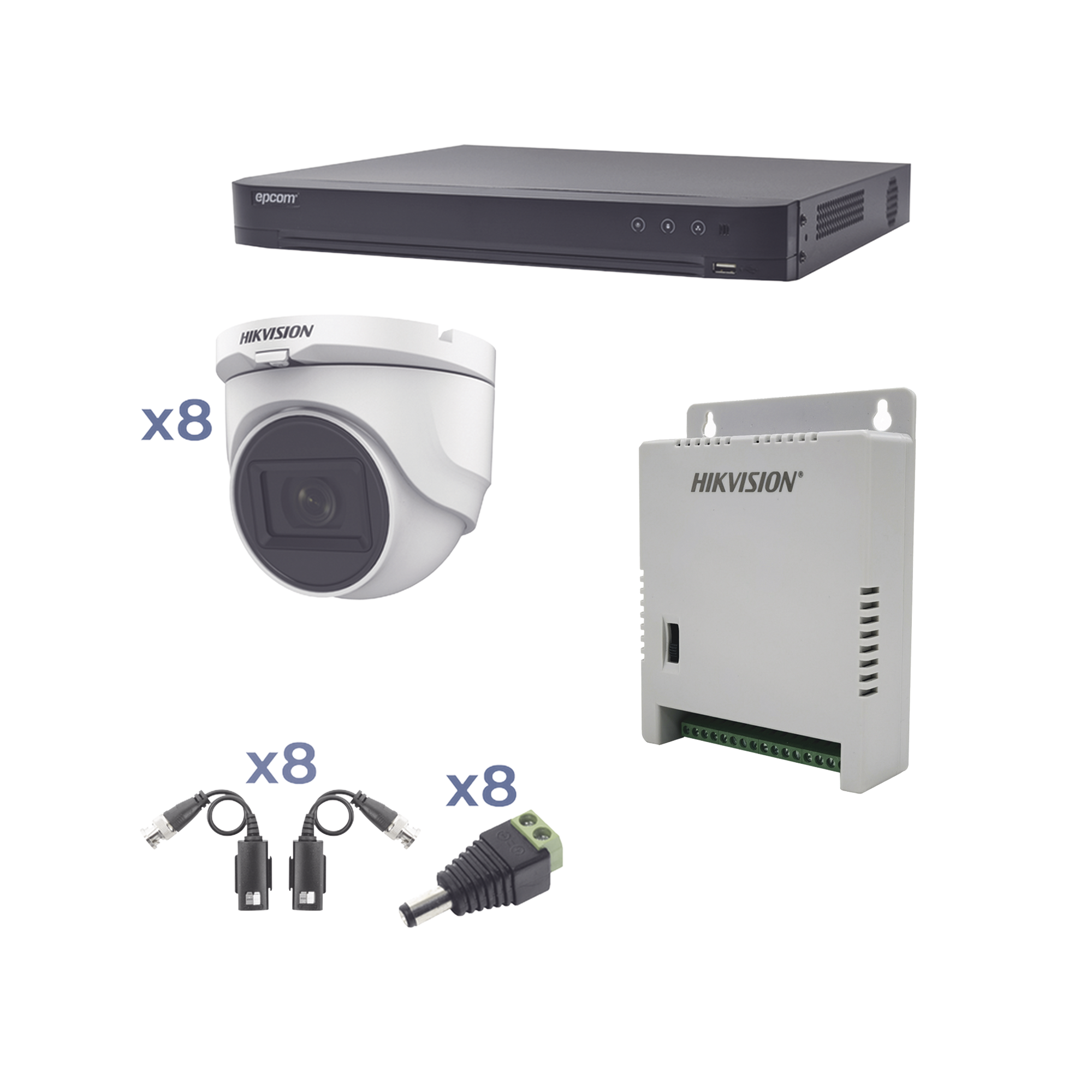 Kit TURBOHD 1080p / DVR 8 Canales / 8 CÃ¡maras Turret (exterior 2.8 mm) / Conectores / Transceptores / Fuente de Poder Profesional hasta 15 Vcc para Larga Distancia
