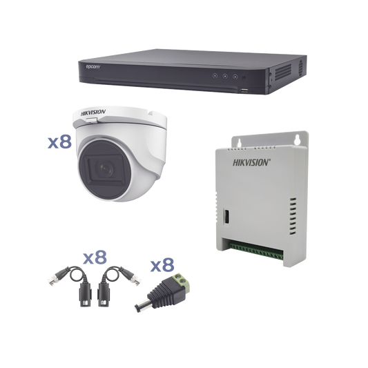 Kit TURBOHD 1080p / DVR 8 Canales / 8 CÃ¡maras Turret (exterior 2.8 mm) / Conectores / Transceptores / Fuente de Poder Profesional hasta 15 Vcc para Larga Distancia