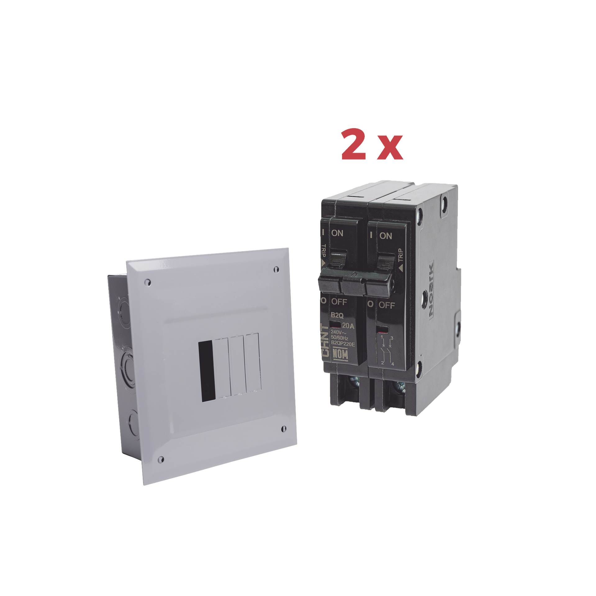 Kit Centro de Carga 4P para empotrar con 2 Interruptores TÃ©rmicos de 2 Polos, 20Amp 120/240Vca 10kA.