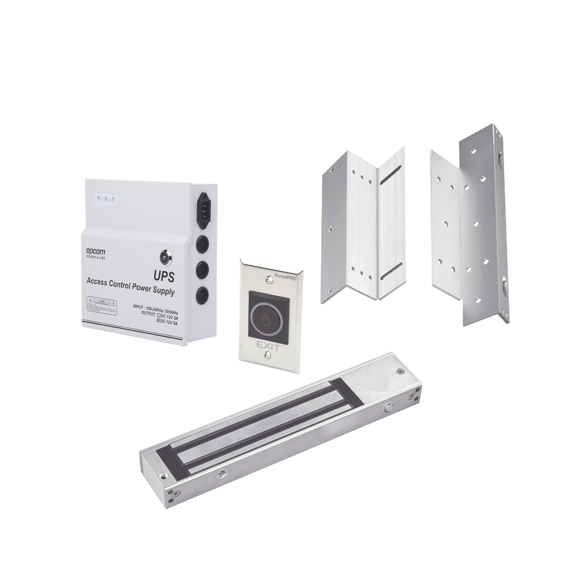 Kit para control de acceso incluye Fuente de 12VCD con respaldo de baterÃ­a/ Chapa magnÃ©tica de 600Lbs / Montajes L y Z / BotÃ³n de salida