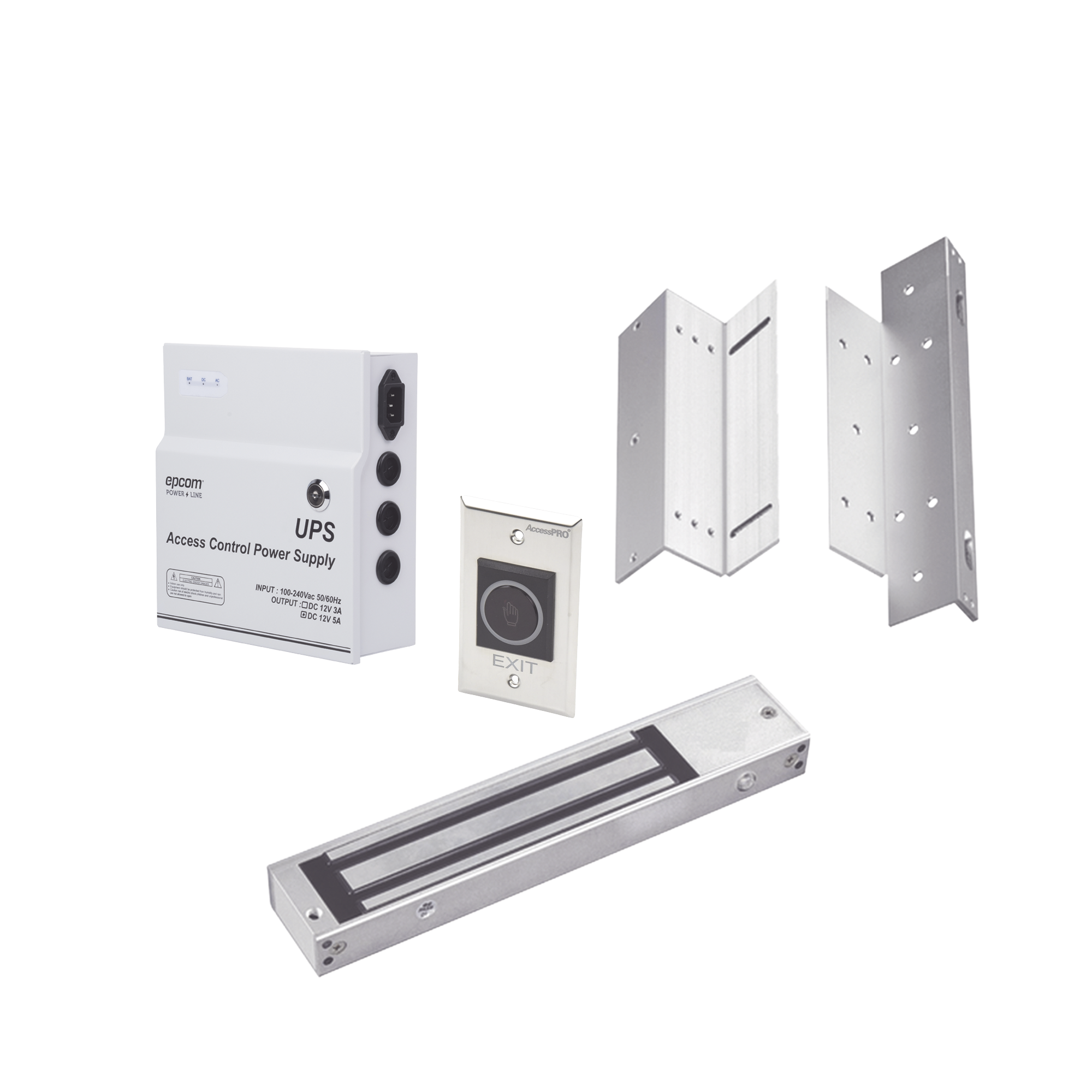 Kit para control de acceso incluye Fuente de 12VCD con respaldo de baterÃ­a/ Chapa magnÃ©tica de 600Lbs / Montajes L y Z / BotÃ³n de salida