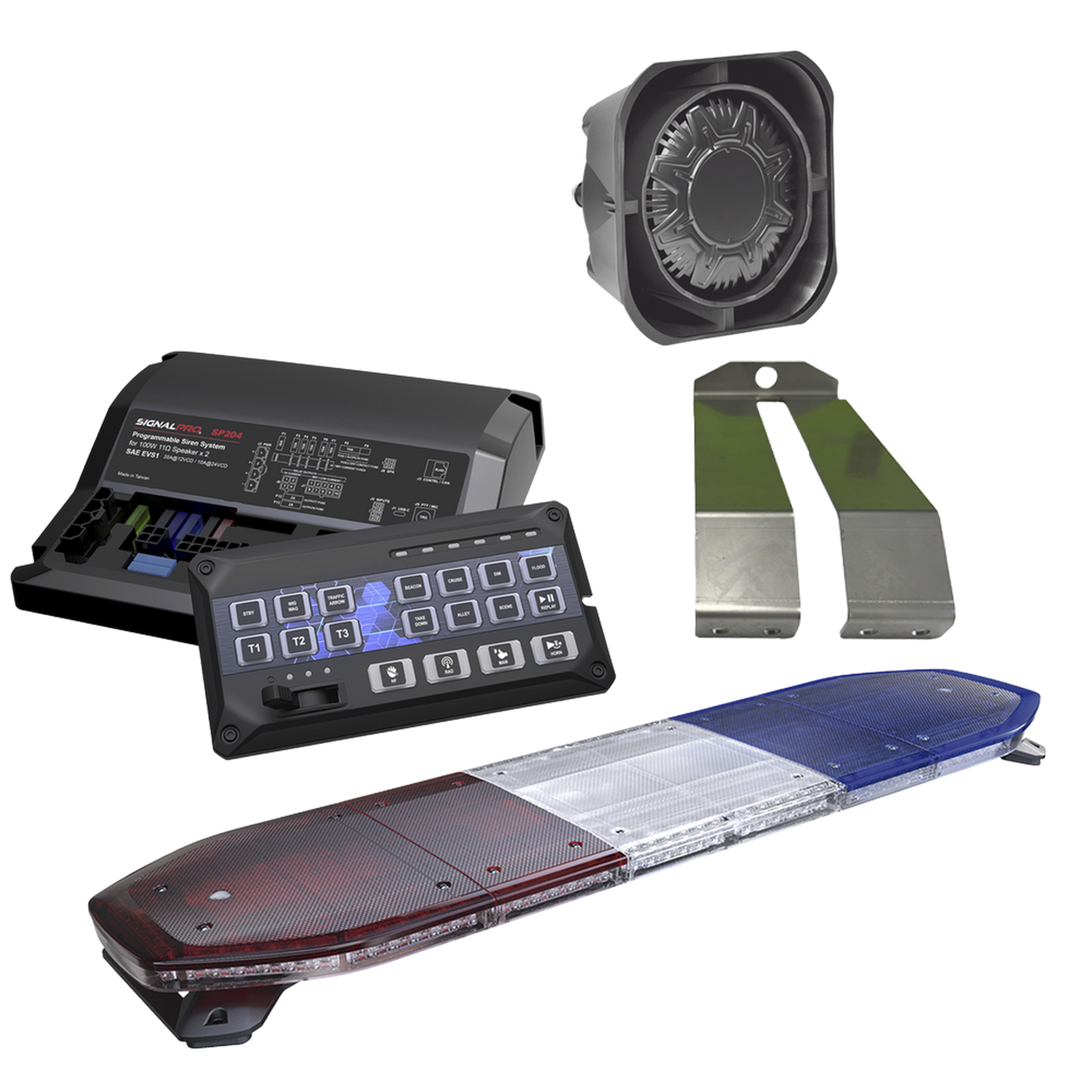 Kit de Sirena, Bocina y Torreta de 48", Con 216 LEDs, Dual Color, Frente: Rojo/Blanco, Azul/Blanco, Trasero: Rojo/Ãmbar, Azul/Ãmbar