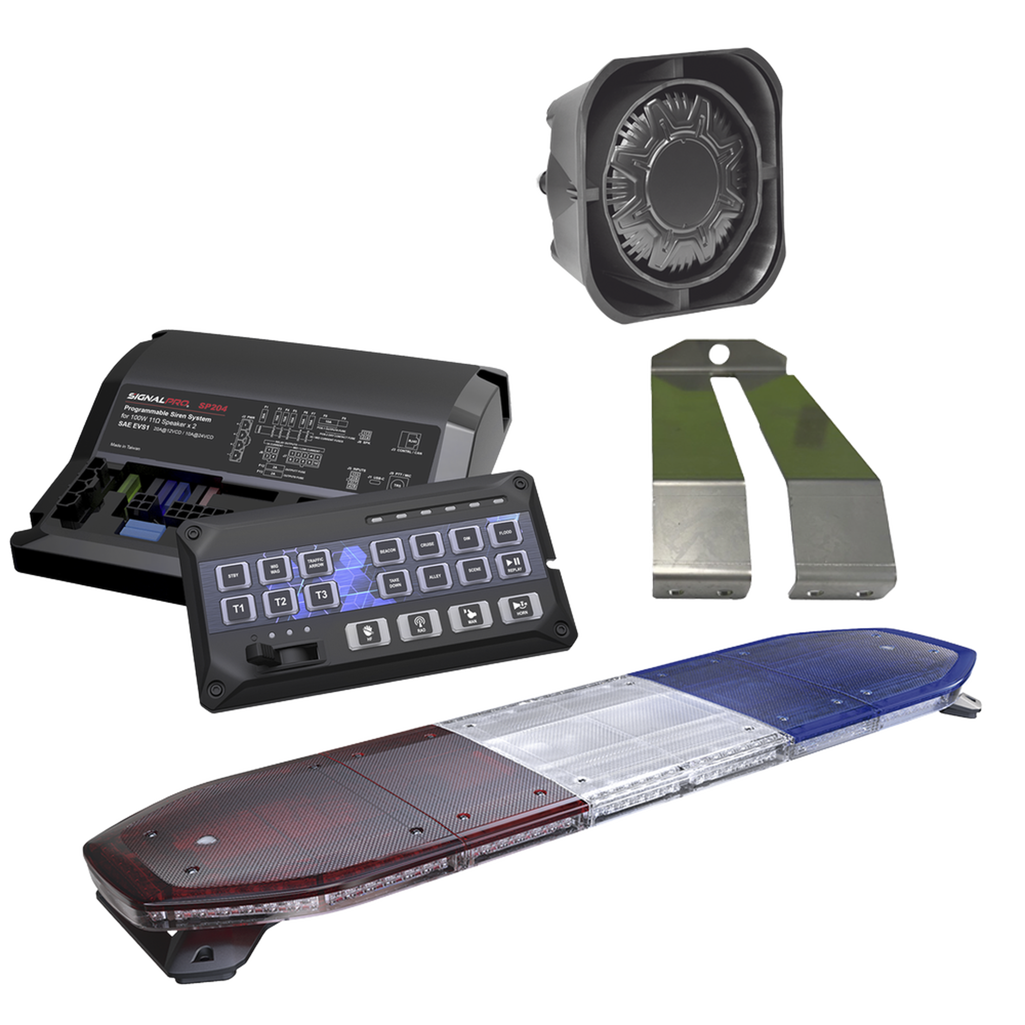 Kit de Sirena, Bocina y Torreta de 48", Con 216 LEDs, Dual Color, Frente: Rojo/Blanco, Azul/Blanco, Trasero: Rojo/Ãmbar, Azul/Ãmbar