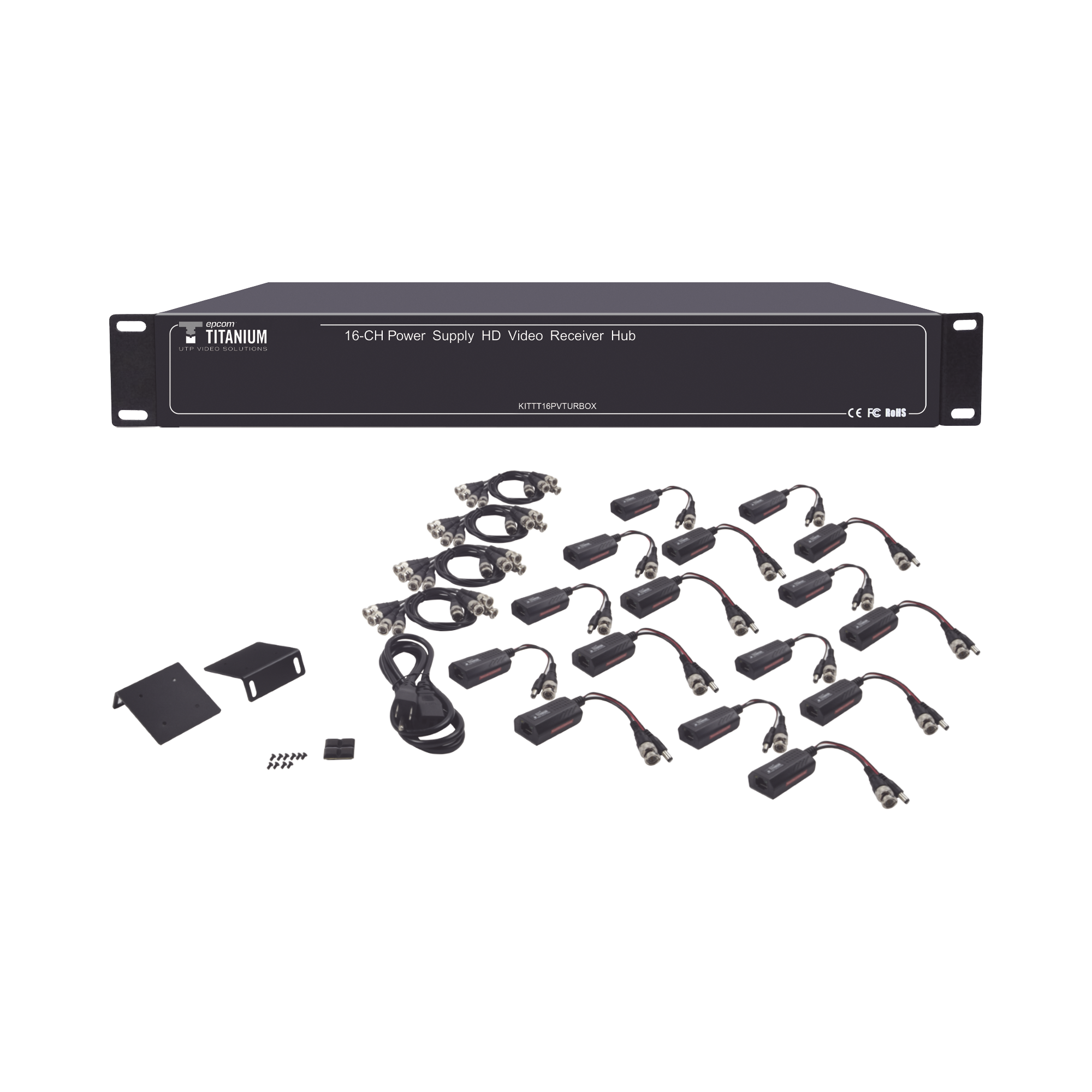 Kit de TRANSCEPTOR ACTIVO DE 16 Canales / VIDEO+PODER en un solo Cable UTP / 150m en 4K, 200m en 5 MP/ EnvÃ­a 36 Vcc y recibe 12 Vcc / TODO INCLUIDO PARA RACK / Compatible con cÃ¡maras HD-TVI/CVI/AHD/CVBS / InstalaciÃ³n Limpia