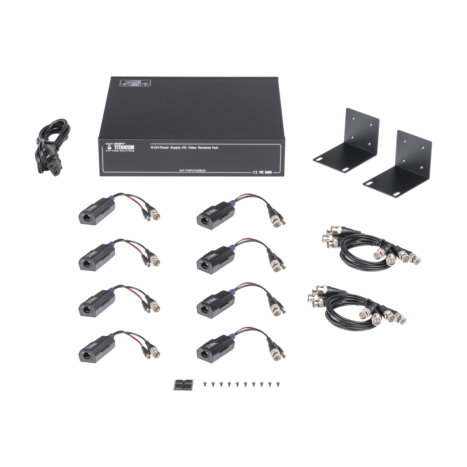 Kit de TRANSCEPTOR ACTIVO DE 8 CANALES / VIDEO+PODER en un solo Cable UTP / 150 metros en 4K, 200 metros en 5 MP/ EnvÃ­a 36 Vcc y Recibe 12 Vcc / TODO INCLUIDO PARA RACK / Compatible con cÃ¡maras HD-TVI/CVI/AHD/CVBS / INSTALACIÃN LIMPIA