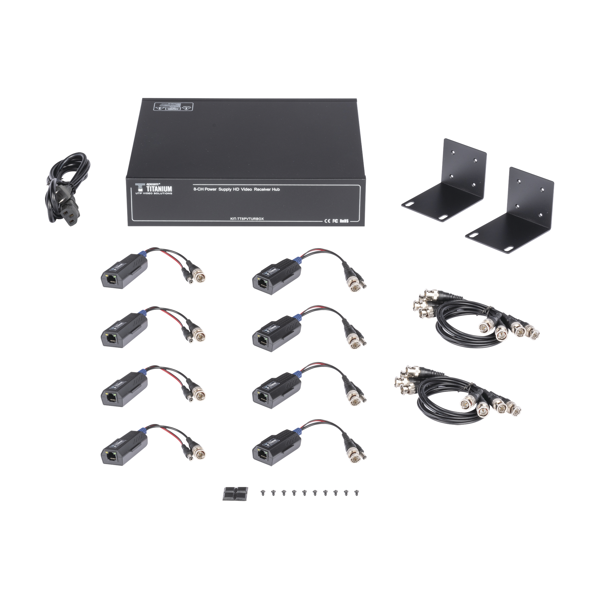 Kit de TRANSCEPTOR ACTIVO DE 8 CANALES / VIDEO+PODER en un solo Cable UTP / 150 metros en 4K, 200 metros en 5 MP/ EnvÃ­a 36 Vcc y Recibe 12 Vcc / TODO INCLUIDO PARA RACK / Compatible con cÃ¡maras HD-TVI/CVI/AHD/CVBS / INSTALACIÃN LIMPIA