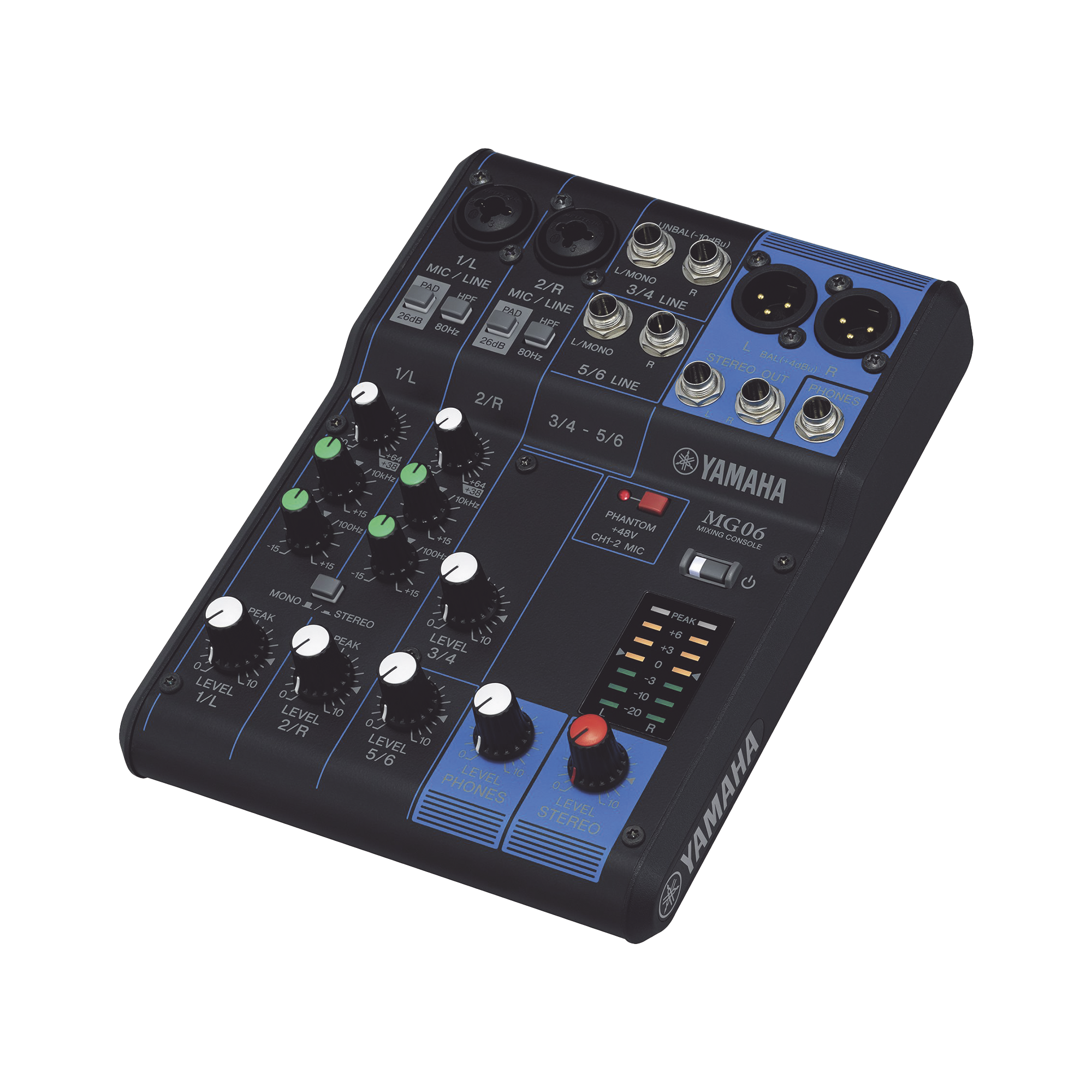 Mezcladora de Audio | 6 Canales | 2 entradas de micro/6 de línea (2 mono + 2 estéreo) | Alimentación Phantom