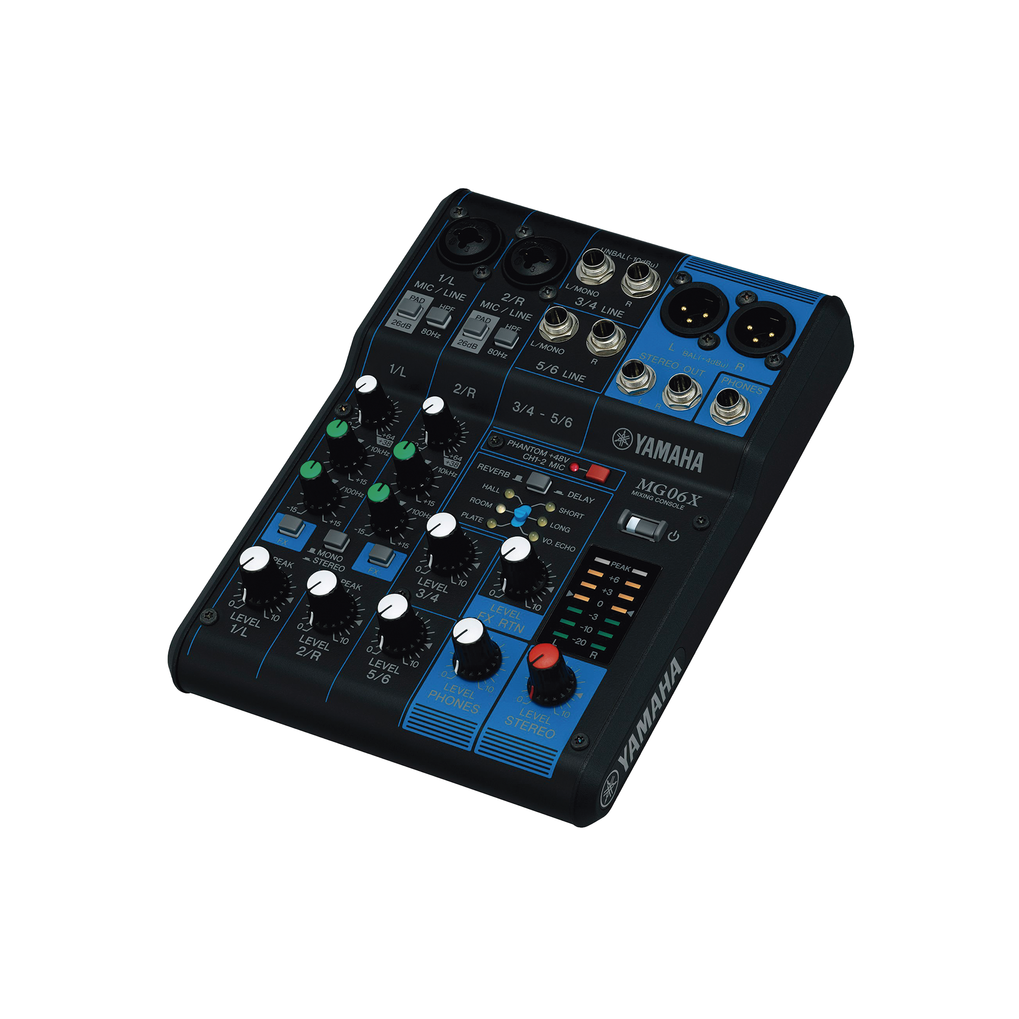 Mezcladora de Audio | 6 Canales | 2 entradas de micro/6 de línea (2 mono + 2 estéreo) | Efectos Integrados | Alimentación Phantom