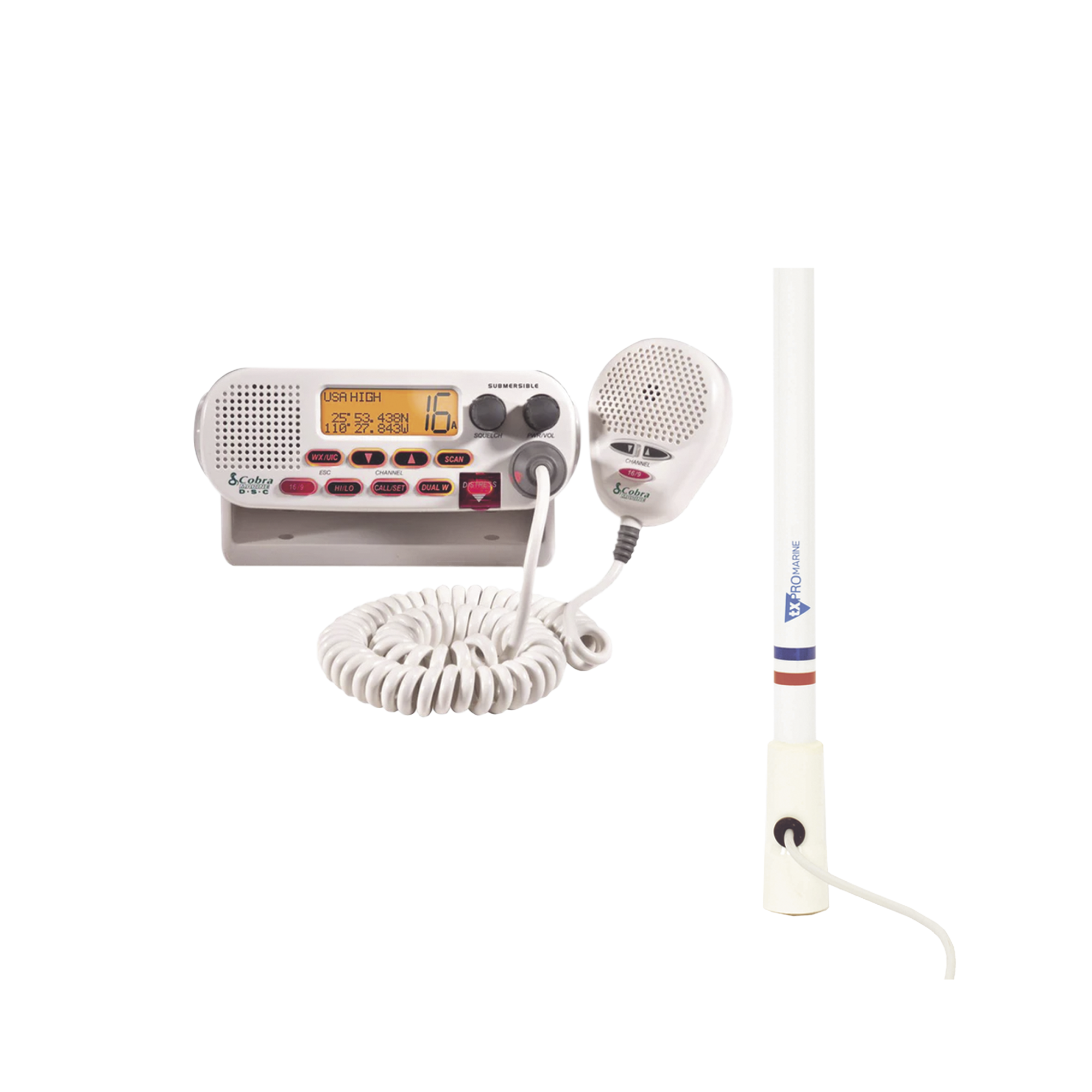Kit de radio MRF45D | mas antena marina de fibra de vidrio TX-5206-SYS y soporte para antena 4186