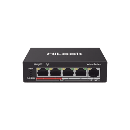 Switch PoE+ / 4 Puertos 10/100 Mbps PoE+ (af / at) / 1 Puerto 10/100 Mbps Uplink / Modo Extendido hasta 250 Metros / 35 Watts