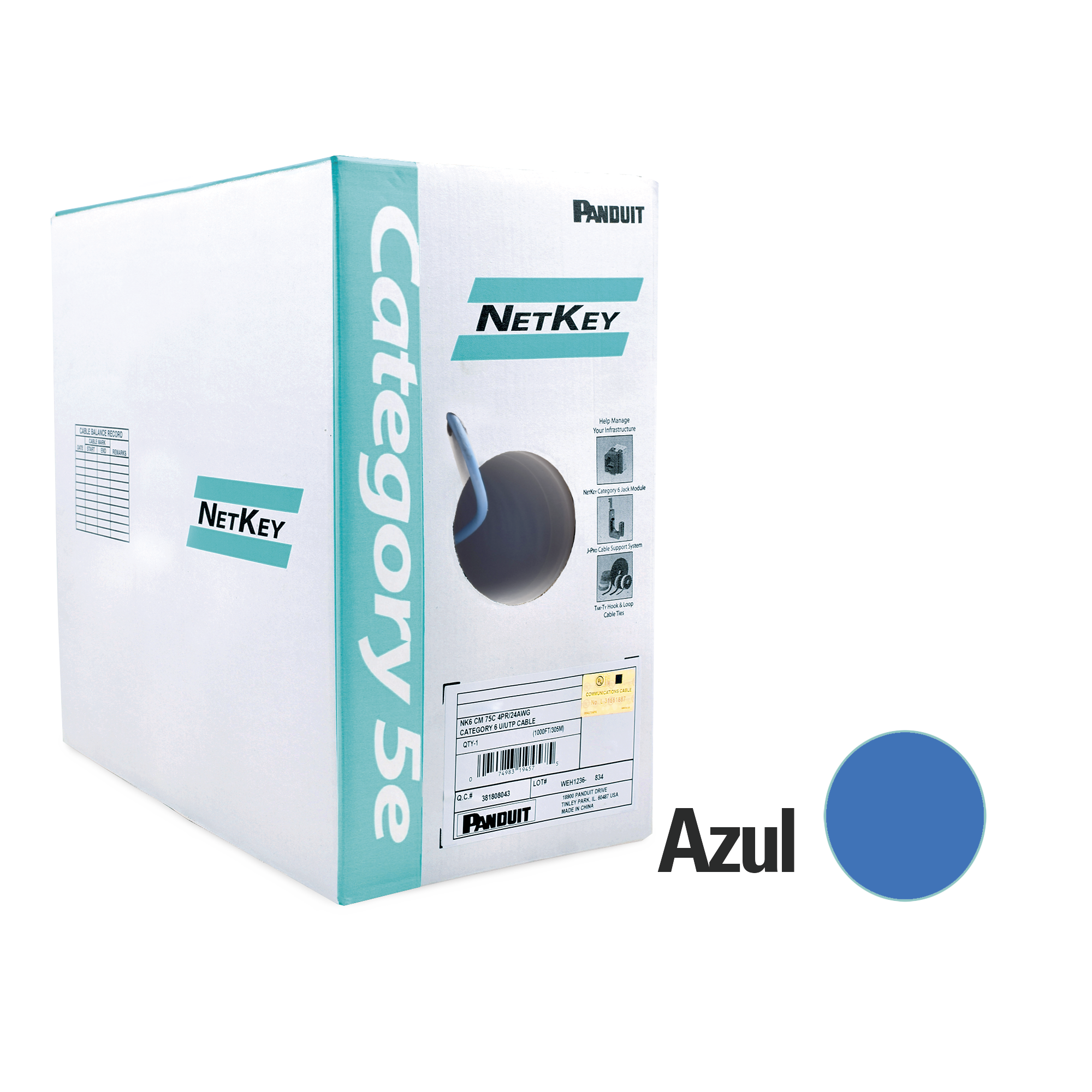 Bobina de cable UTP 305 m. de Cobre, NetKey, Azul, CategorÃ­a 5e (24 AWG), PVC (CM), de 4 pares