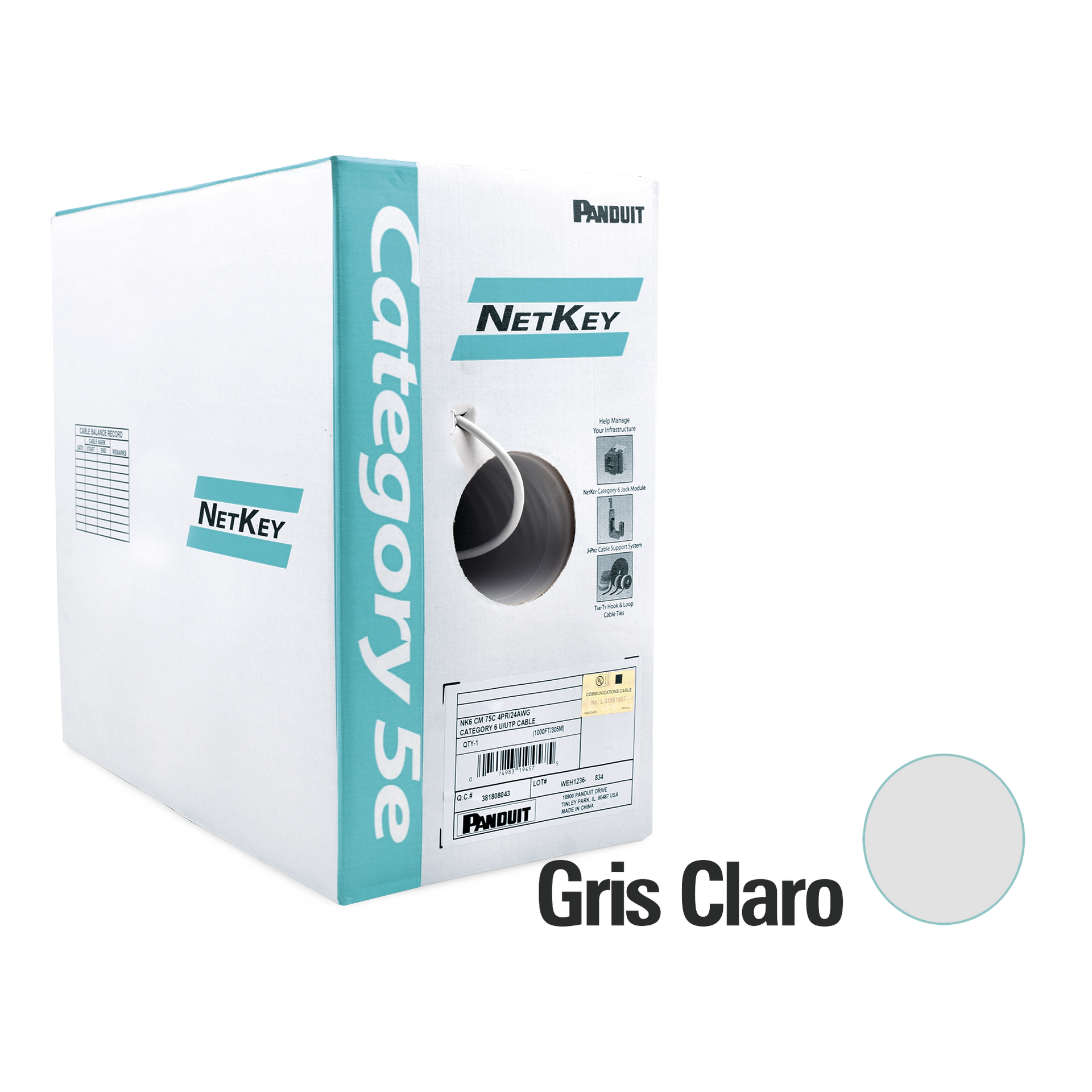 Bobina de Cable UTP 305 m. de Cobre, NetKey, Gris Claro, CategorÃ­a 5e (24 AWG), PVC (CM), de 4 pares